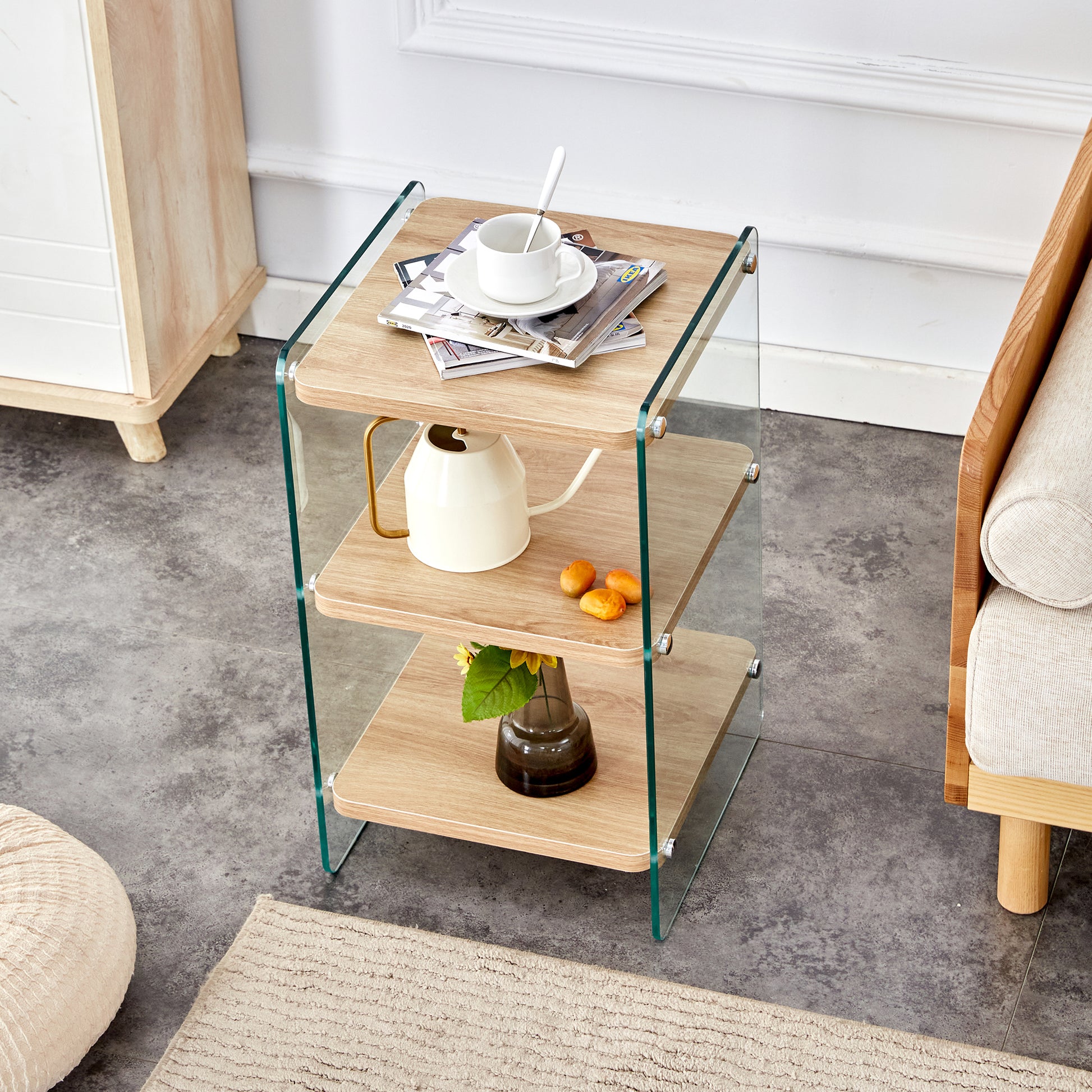 Three Layer Bedside Cabinet.The Board Is Made Of Mdf With Wooden Stickers, With Transparent Tempered Glass On Both Side.The Design Is Simple And Elegant, With Powerful Storage Function.Storage Cabinet Wood Mdf Glass