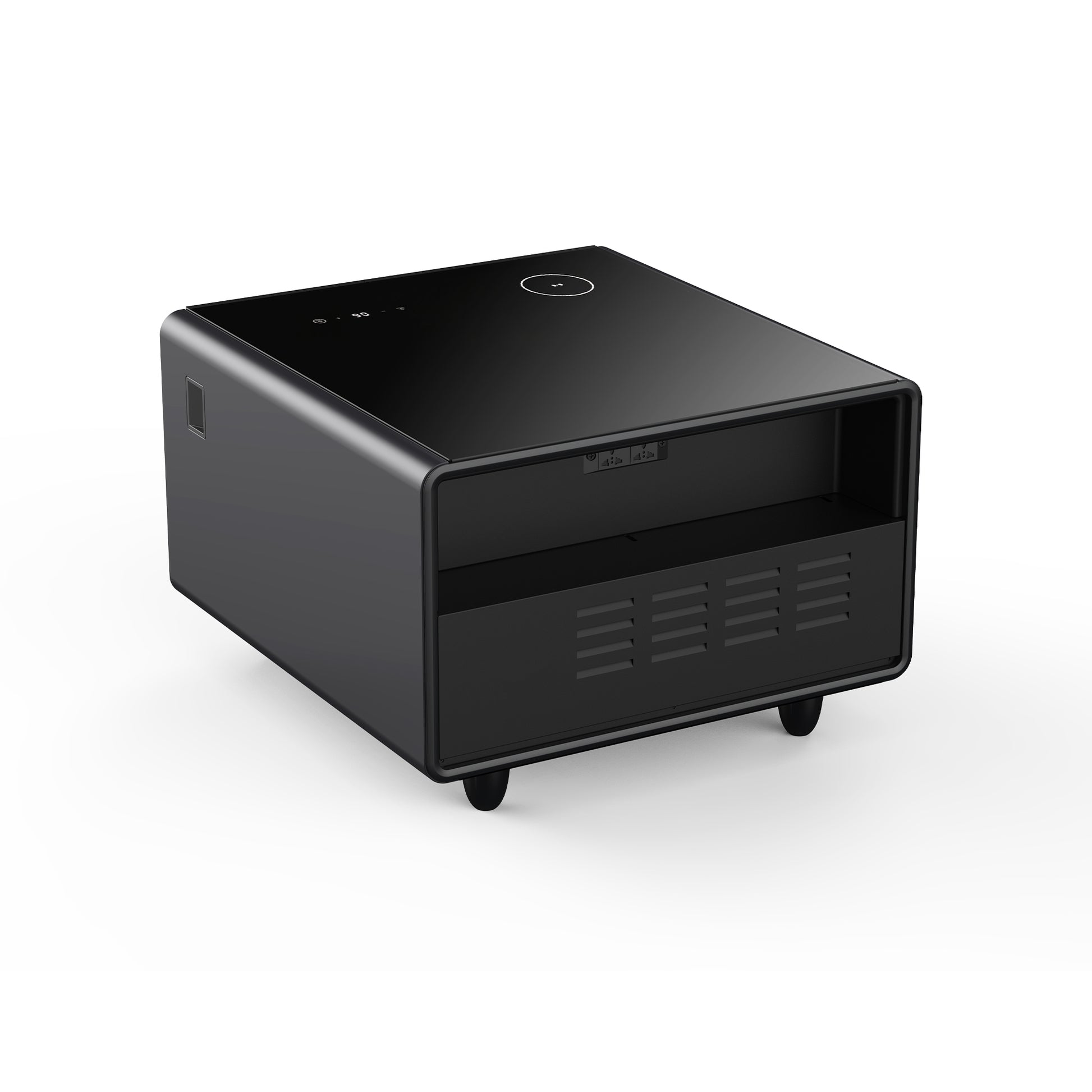 Modern Smart Side Table With Built In Fridge, Wireless Charging, Temperature Control, Power Socket, Usb Ports, Outlet Protection, Induction Light, Black Black Built In Outlets Or Usb Standing Desk Converter Primary Living Space Luxury,Modern Freestanding