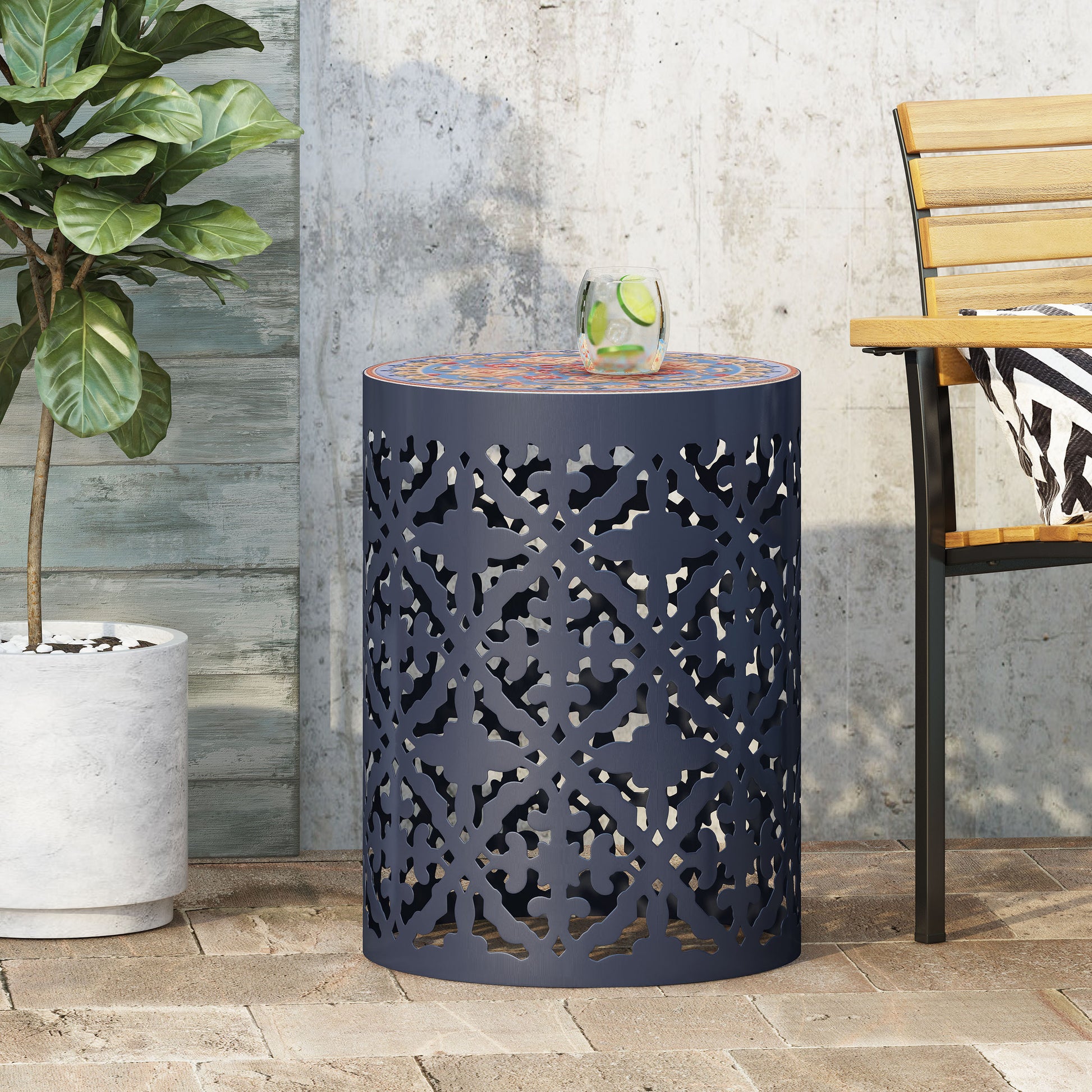 Side Table Dark Blue Rattan Metal