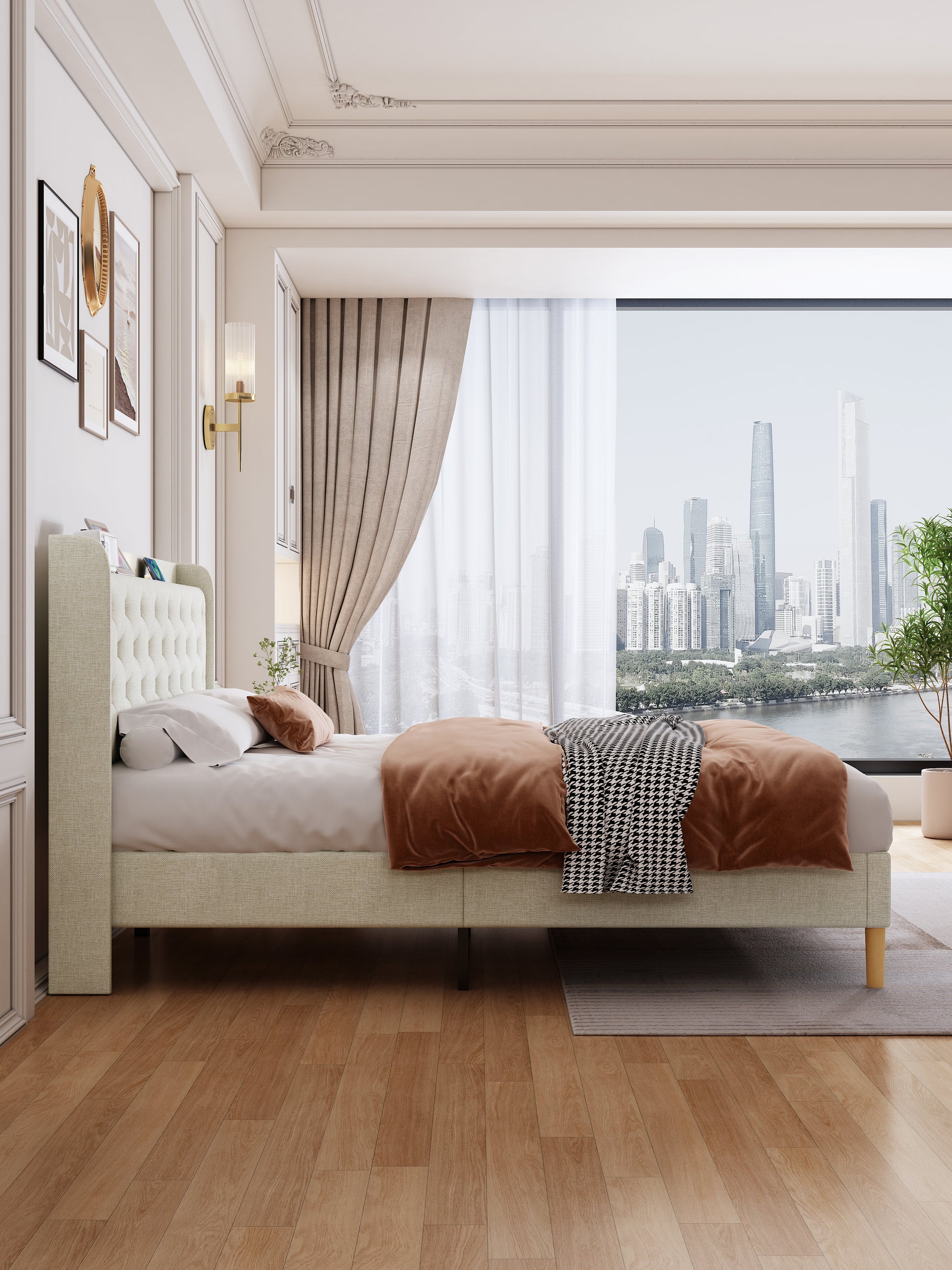 Queen Size Bed, Mesh Backboard Beautiful, With Led Lights, Cotton And Linen Fabric, Frame Stability, Easy To Assemble,Light Gray Queen Light Gray Mdf Acacia