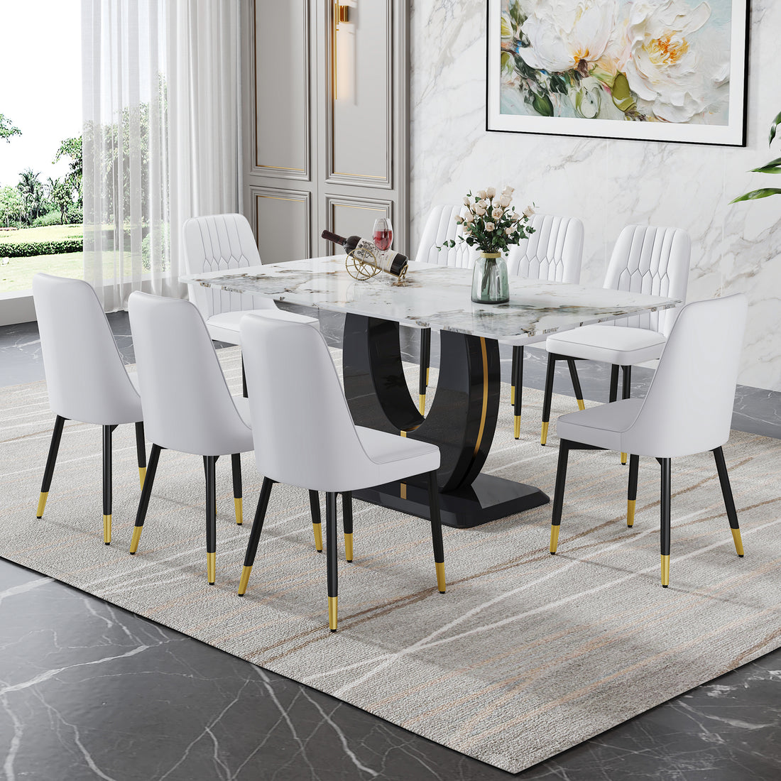 Table And Chair Set, Modern Dining Table, Patterned Table Top And Black Mdf Leg Table, Soft And Comfortable Dining Chair, Perfect For Dinner, Meetings, Home And Office Decor White Black Mdf Glass