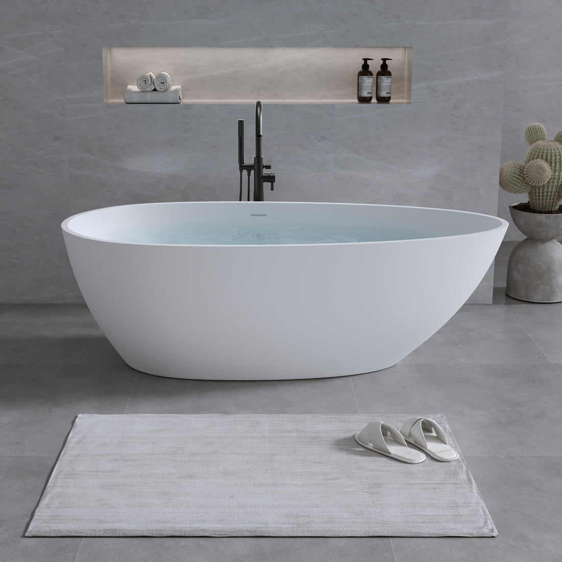 59'' Solid Surface Matte Tub, Freestanding Solid Surface Resin Stone Bathtub, Solid Surface Matte White Soaking Tub,Free Standing Tub With Overflow And Pop Up Drain, Matte White Matte White Oval Bathroom Freestanding Tubs Matte 59 61 In Soaking Center