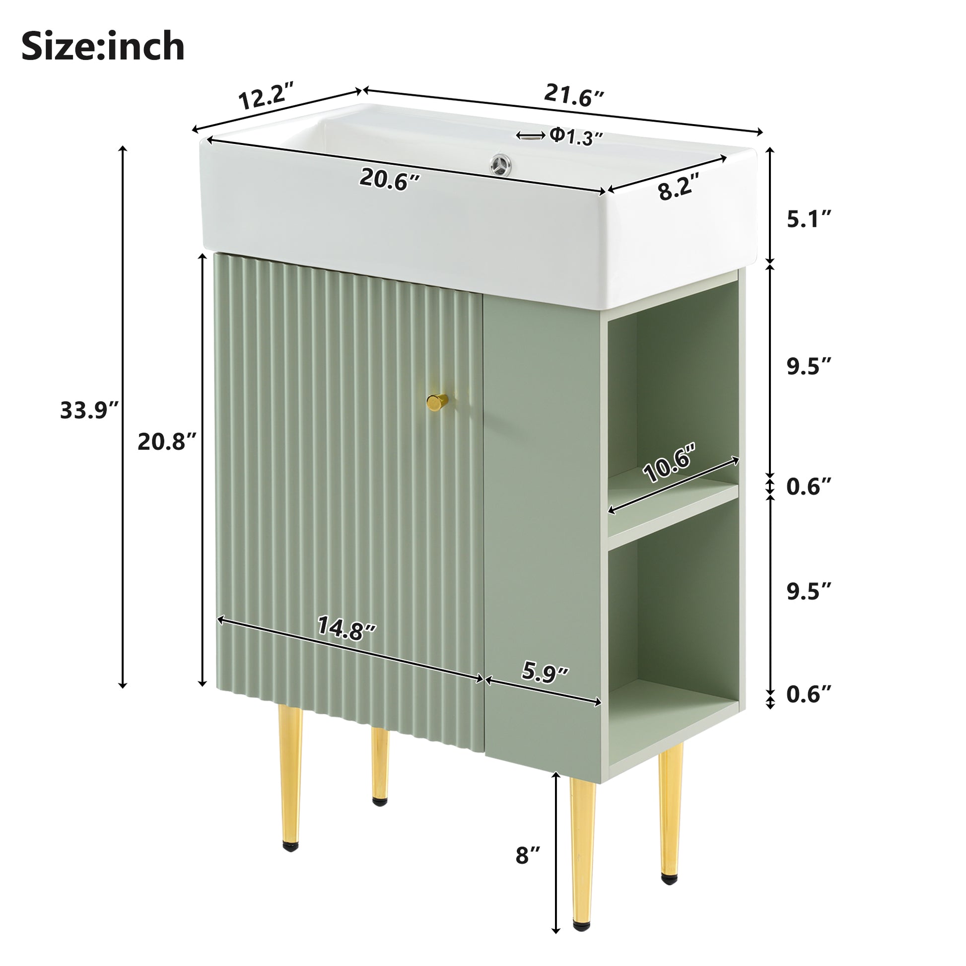 21.6" Green Bathroom Vanity, Combo Cabinet, Bathroom Storage Cabinet, Single Ceramic Sink, Right Side Storage Green Bathroom Ceramic Mdf