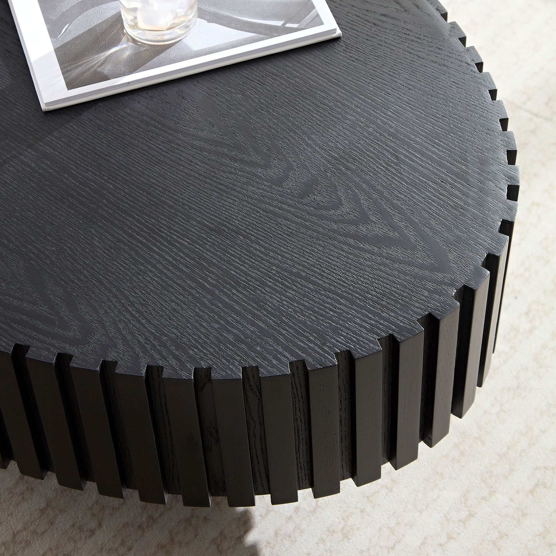 Modern Handcraft Drum Coffee Table Length 43.7 Inch Ellipse Coffee Table For Living Room,Small Coffee Table With Sturdy Pedestal,Black Mdf Matt Black Mdf
