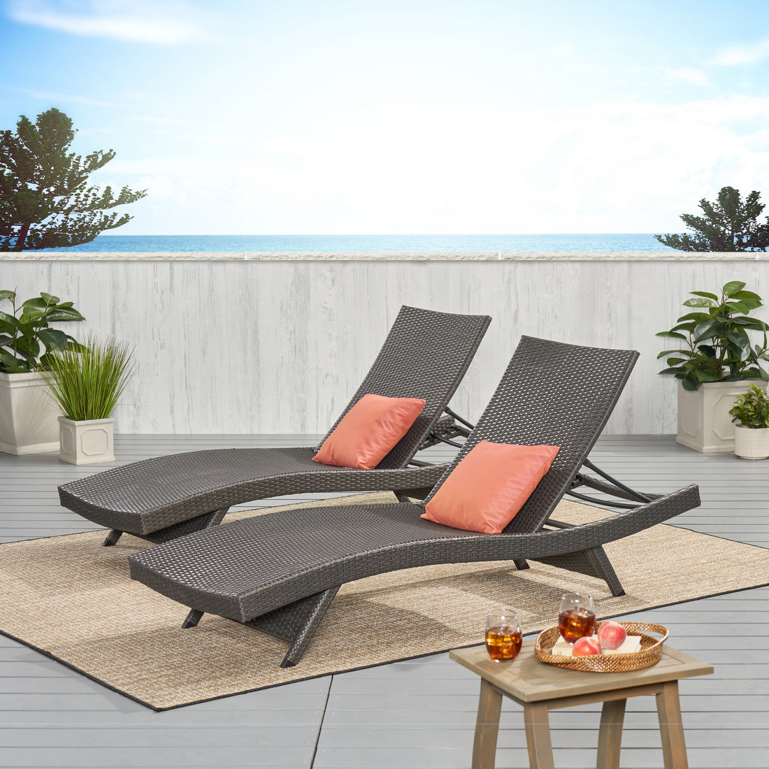 Salem Pe Wicker Chaise Lounge, Set Of 2 Grey Pe Rattan Iron