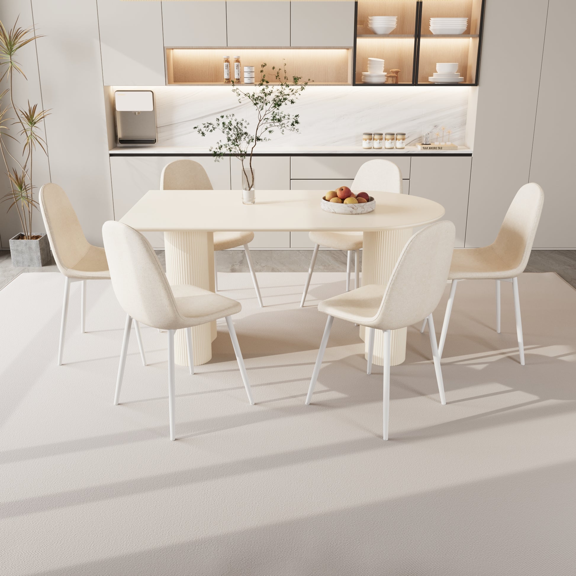 63 " Mdf Cream Style Dining Table And Modern Dining Chair 8 Piece Set, Modern Kitchen Dining Table Set, Round Wave Table Legs, Dining Table And Round Linen Chairs Buy 6 Chairs And Get 2 Free Beige