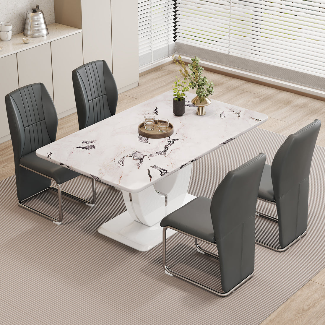 Table And Chair Set, Modern Luxurious White Imitation Marble Pattern Mdf Dining Table Rectangular Dining Table, Matched With Uniquely Shaped Pu High Backrest Seats,Suitable For Various Occasions. Grey White Seats 4 Mdf