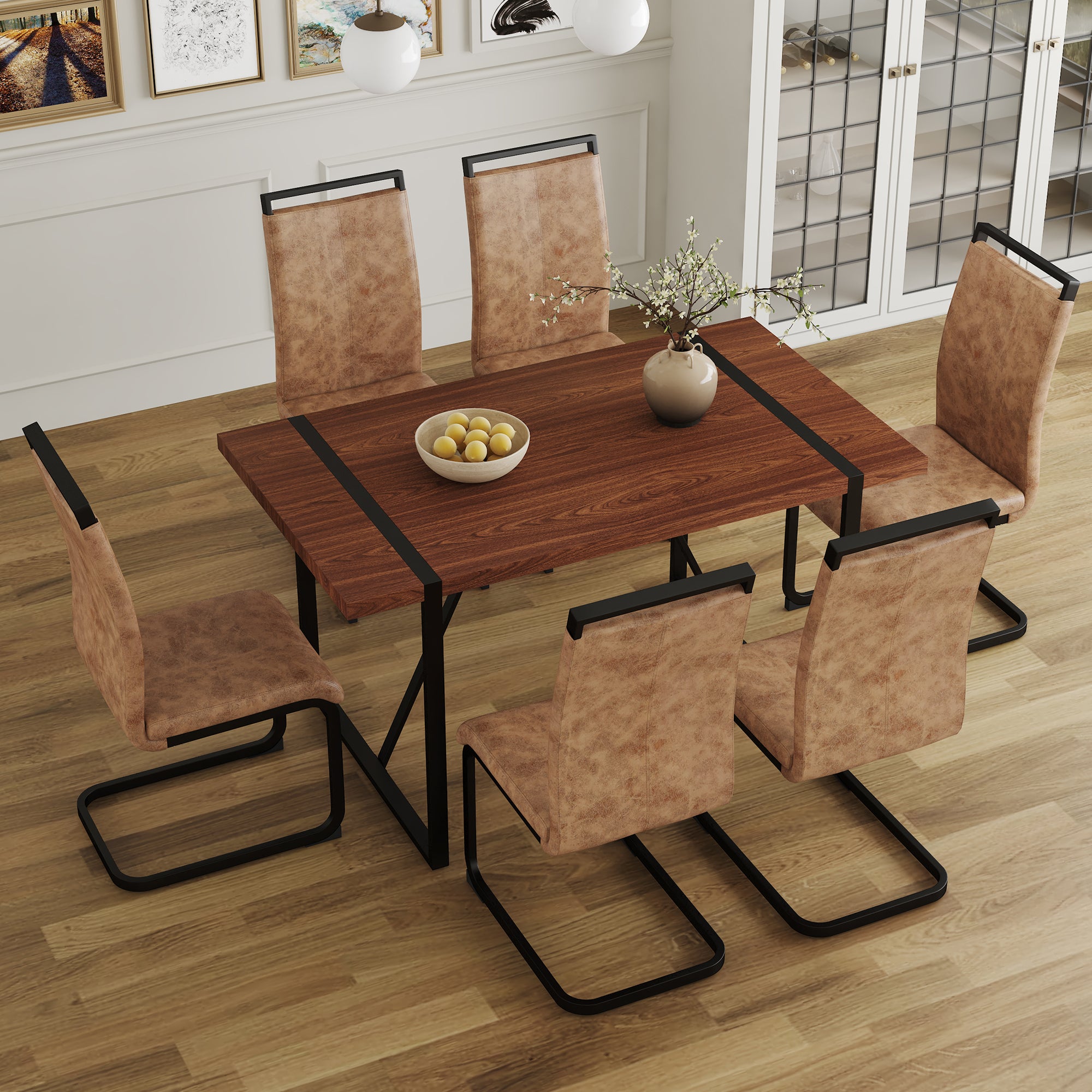 Table And Chair Set. A Minimalist Retro Rectangular Dining Table With A Specially Textured Top And Black Metal Legs, Paired With 6 Soft Chairs And Black Metal Legs, Showcases A Beautiful Home Style.