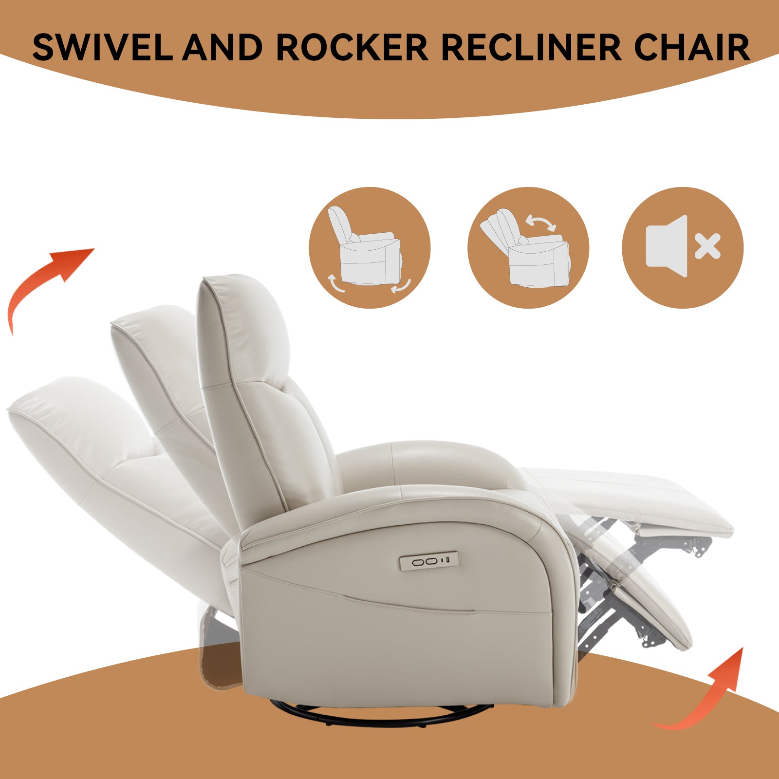 Beige Grey Leatheraire Swivel And Rocker Power Recliner Chair With Lumbar Support, Max Swivel Degree 270 , Heavy Duty Motion Mechanism With Usb And Type C Ports Beige Grey Faux Leather Power Push Button Metal Primary Living Space Medium Firm Pillow Back