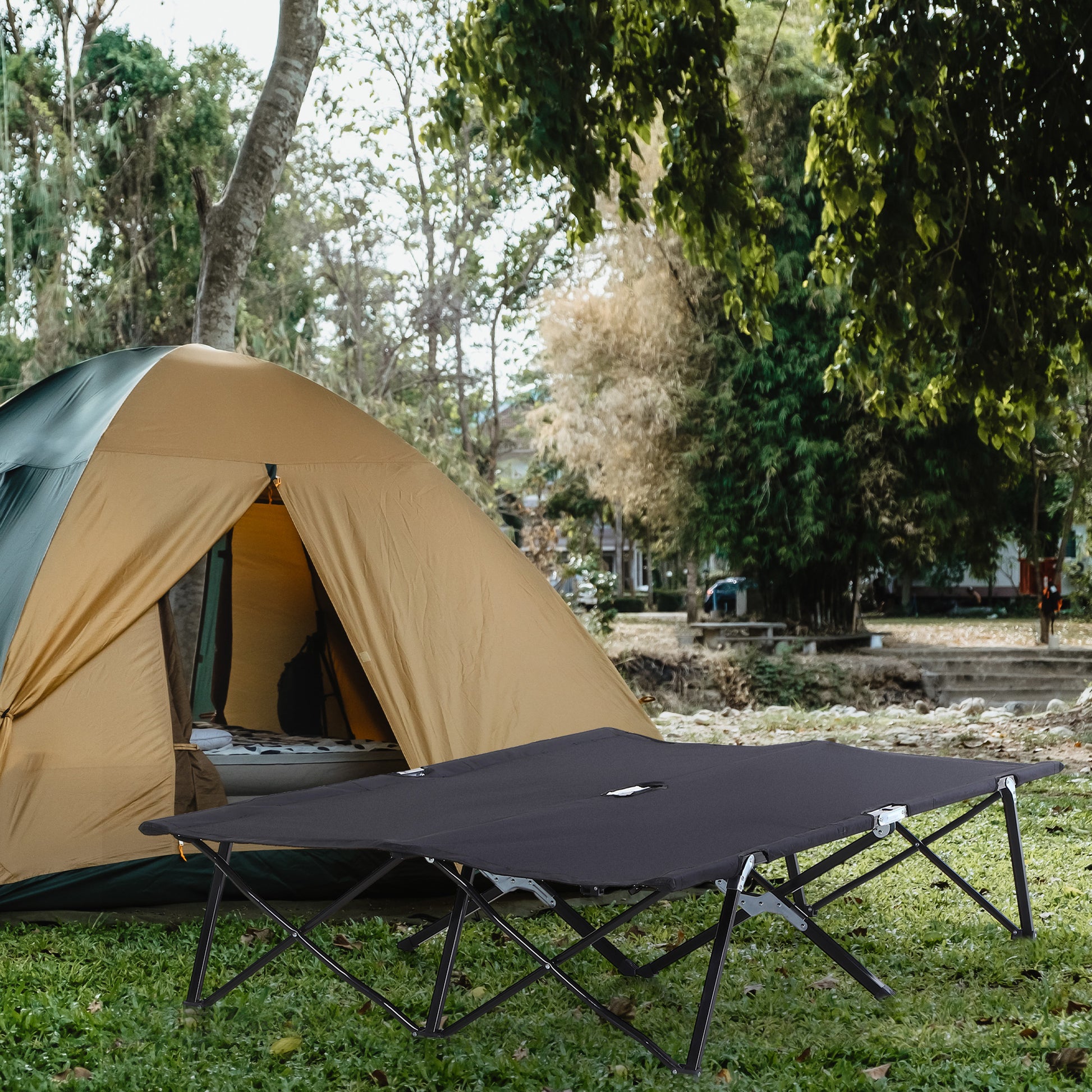 tent bed adults Outsunny 2 Person Folding Camping Cot For Adults, 50" Extra Wide Outdoor Portable Sleeping Cot With Carry Bag, Elevated Camping Bed, Beach Hiking,