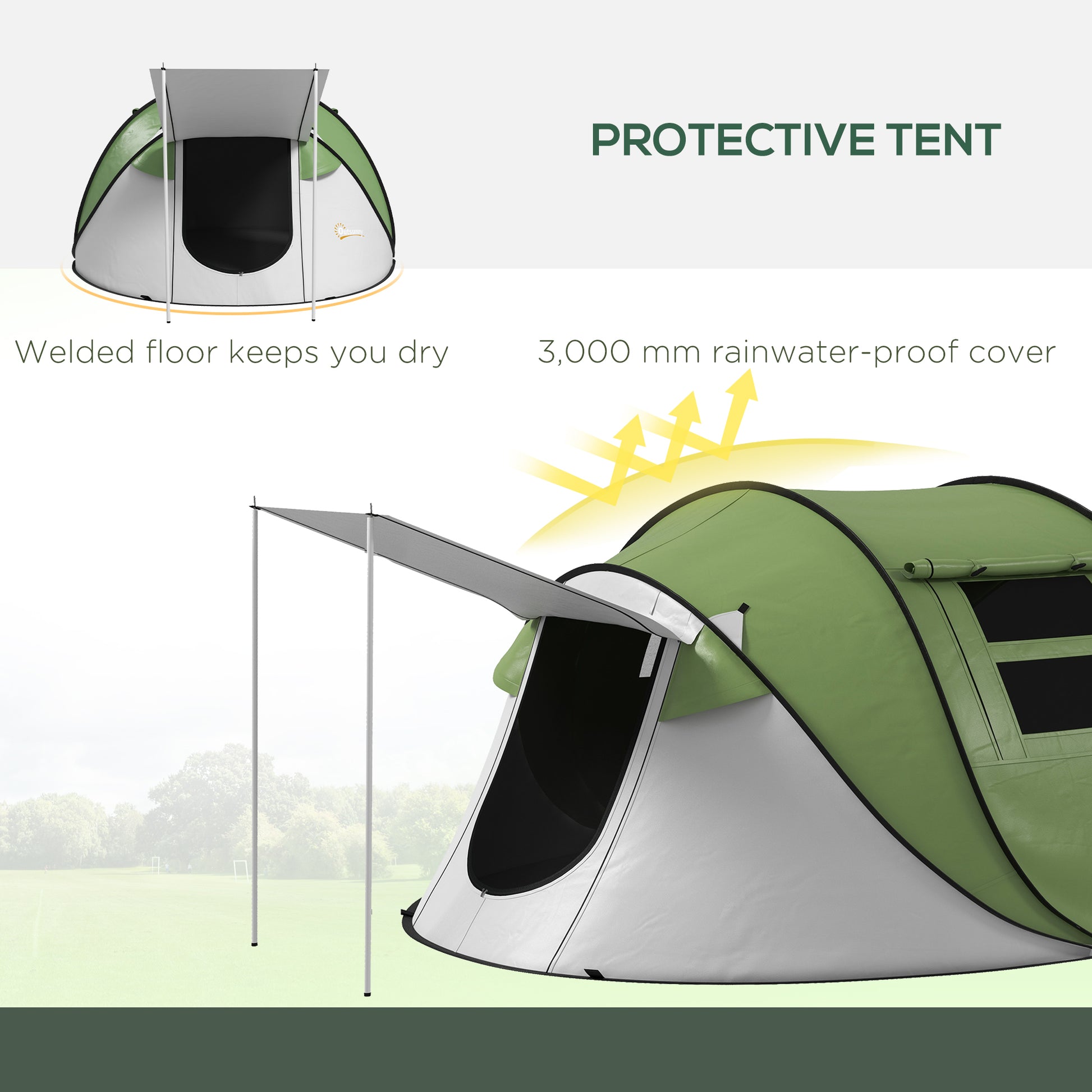 Outsunny Pop Up Tent, Instant Camping Tent With Porch And Carry Bag, 3000Mm Waterproof, For 2 3 People, Green, Poles Included Green Polyester