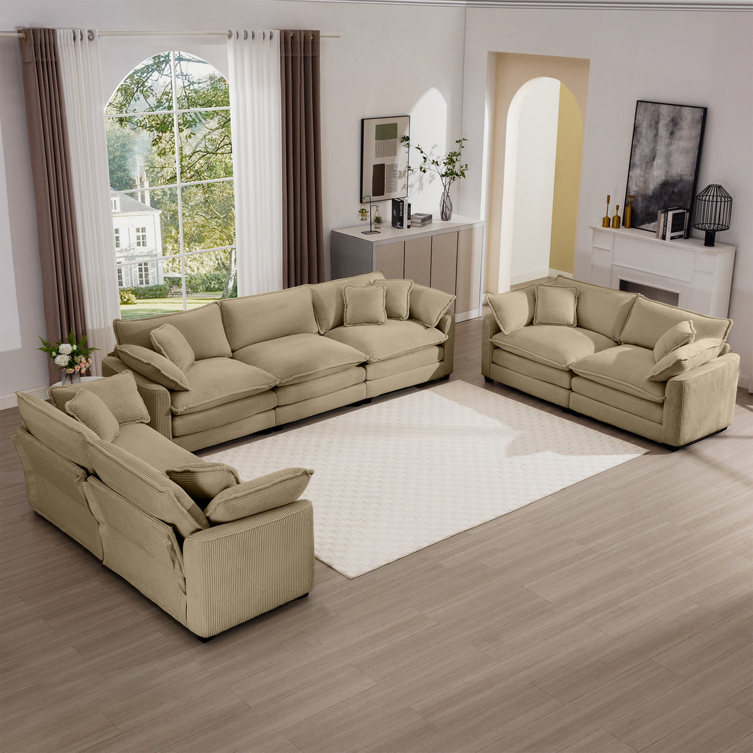Modern Fabric Living Room Sofa 2 Piece Set, One 2 Seater Sofas, One 3 Seater Sofas Sofa With 8 Cushion Upholstery Large Deep Seat Recliner, Tan Corduroy Fabric Tan Corduroy 7 Seat