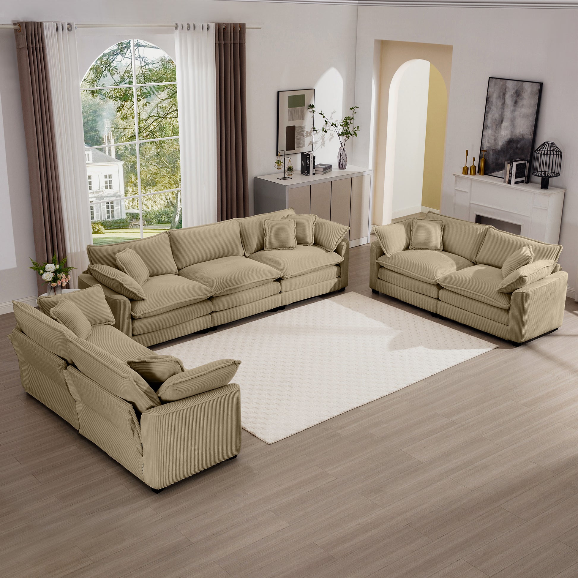 Modern Fabric Living Room Sofa 2 Piece Set, One 2 Seater Sofas, One 3 Seater Sofas Sofa With 8 Cushion Upholstery Large Deep Seat Recliner, Tan Corduroy Fabric Tan Corduroy 7 Seat