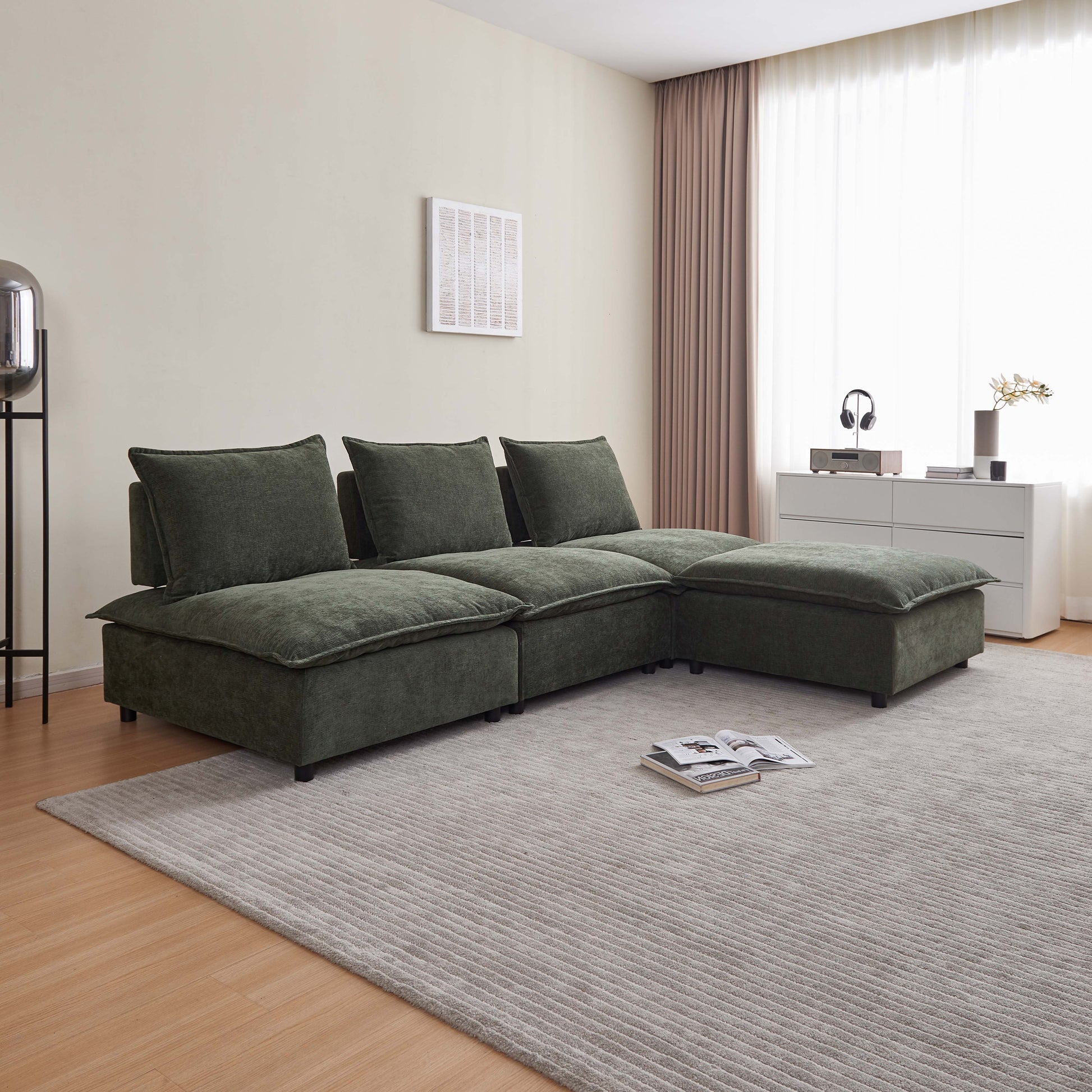 Modern Armless L Shaped Sectional Sofa Couch With Ottoman Modular Design, Durable Construction, Easy Care Upholstery For Living Room, Apartment, Office, Small Space Green Wood Medium Soft Chenille 4 Seat