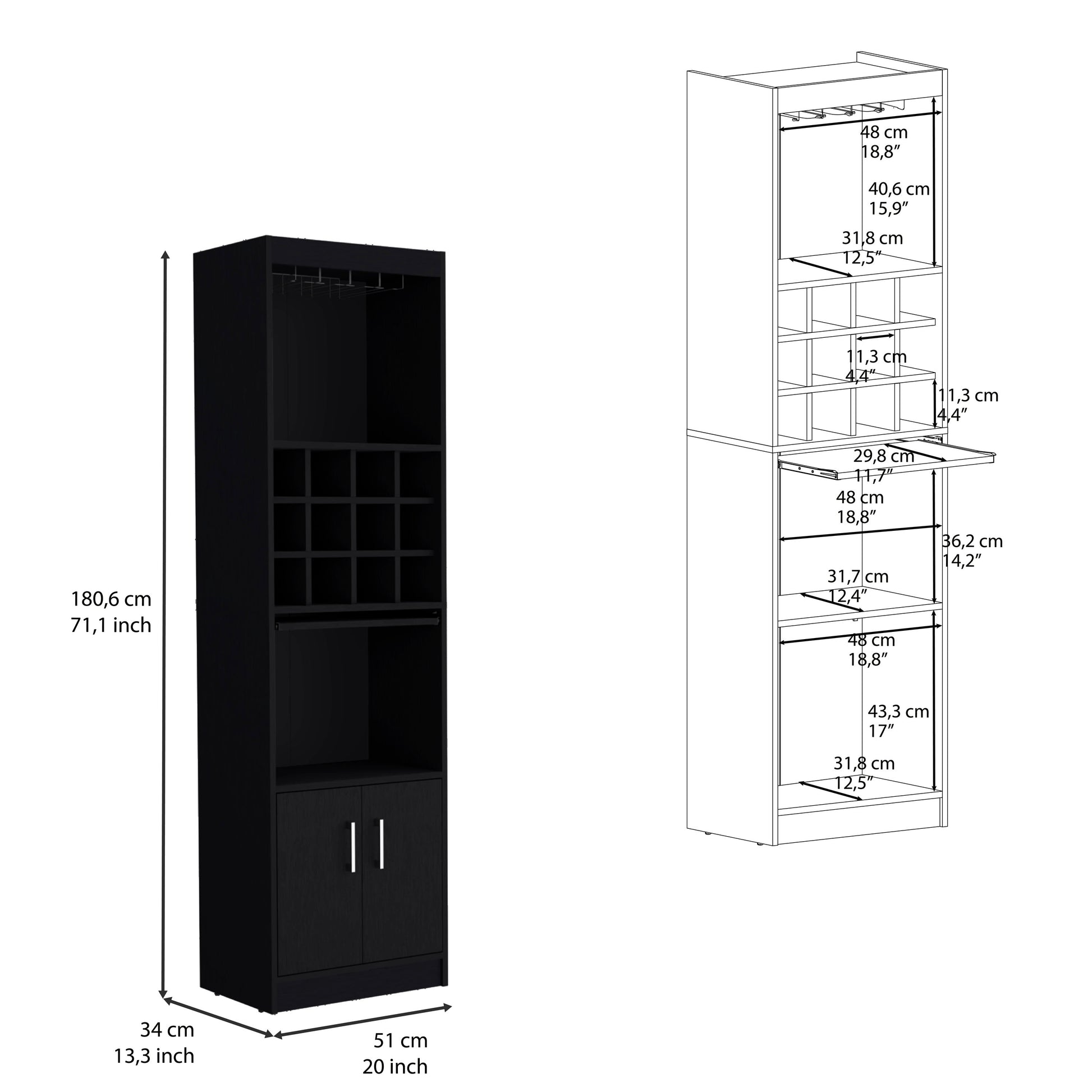 Pisek Bar Cabinet 5 Tier, Wine Cabinet, Liquor Cabinet, 12 Bottle Cubbies, 5 Shelves, Black Black Solid Wood Mdf Engineered Wood