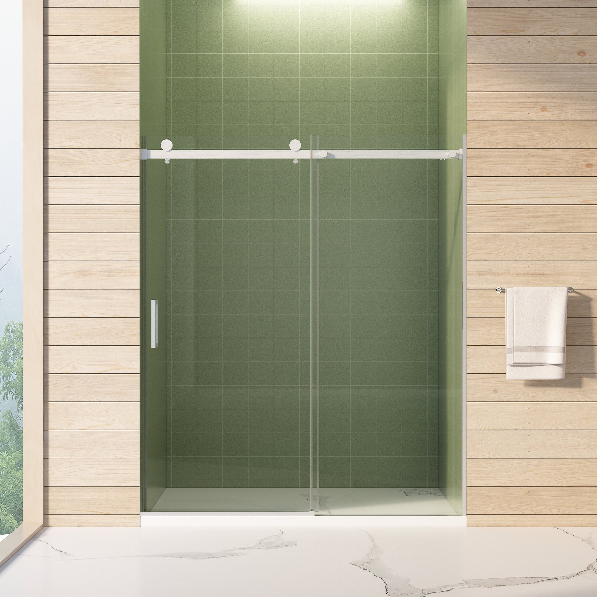 56" 60"W X 70"H Frameless , Sliding , With Premium 5 16" 8Mm Thick Tempered Glass Shower Enclosure,Double Side Easy Clean Coat,Brushed Nickel Finished With Buffer Brushed Nickel Bathroom American