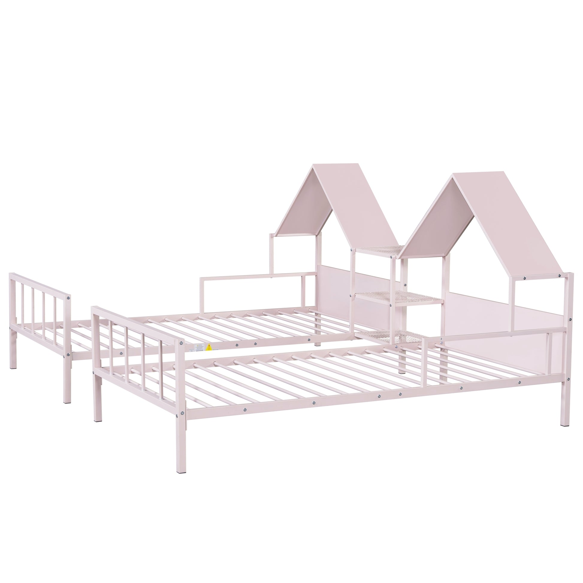 Metal Double Twin Size Platform Bed With House Shaped Headboard And A Built In Nightstand, Pink Box Spring Not Required Twin Pink Metal Metal