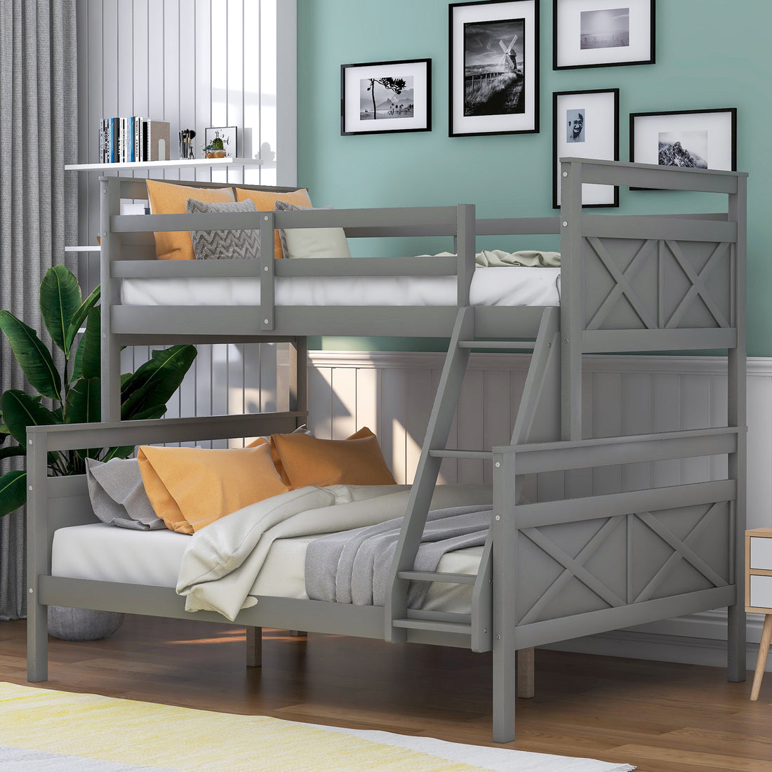 Twin Over Full Bunk Bed With Ladder, Safety Guardrail, Perfect For Bedroom, Gray Box Spring Not Required Twin Gray Wood Bedroom Bunk Pine