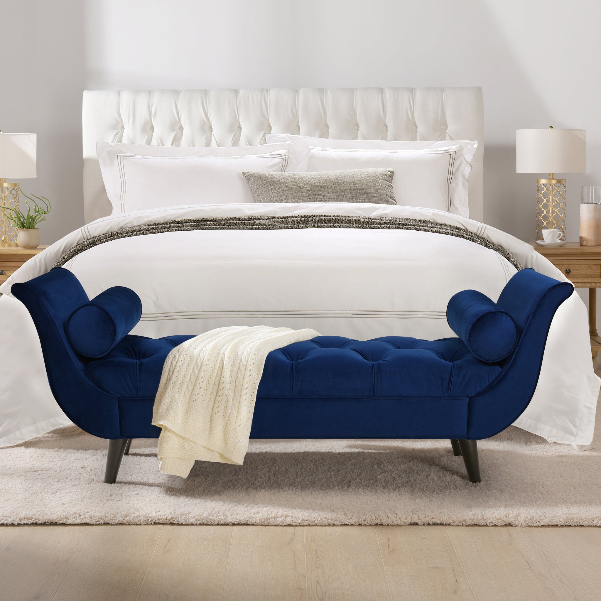 Alma Tufted Flared Arm Entryway Bench, Navy Blue Velvet Navy Blue Foam Velvet