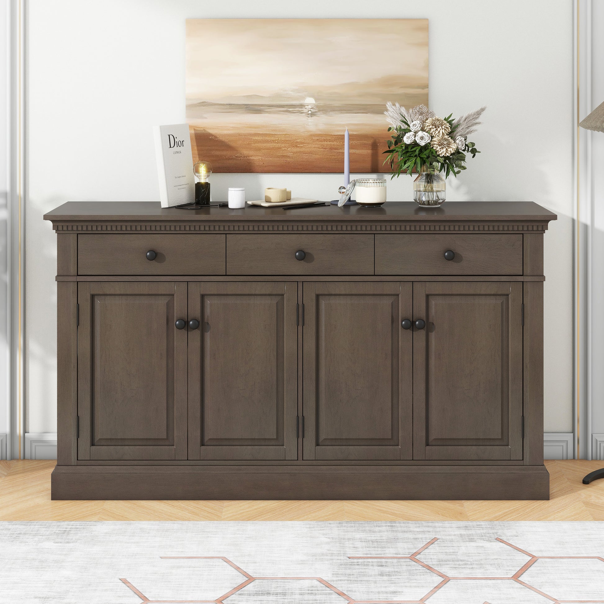 Retro Style Sideboard With Extra Large Storage Space With Three Drawers And Two Compartments For Living Room And Dining Room Taupe Taupe Solid Wood Mdf