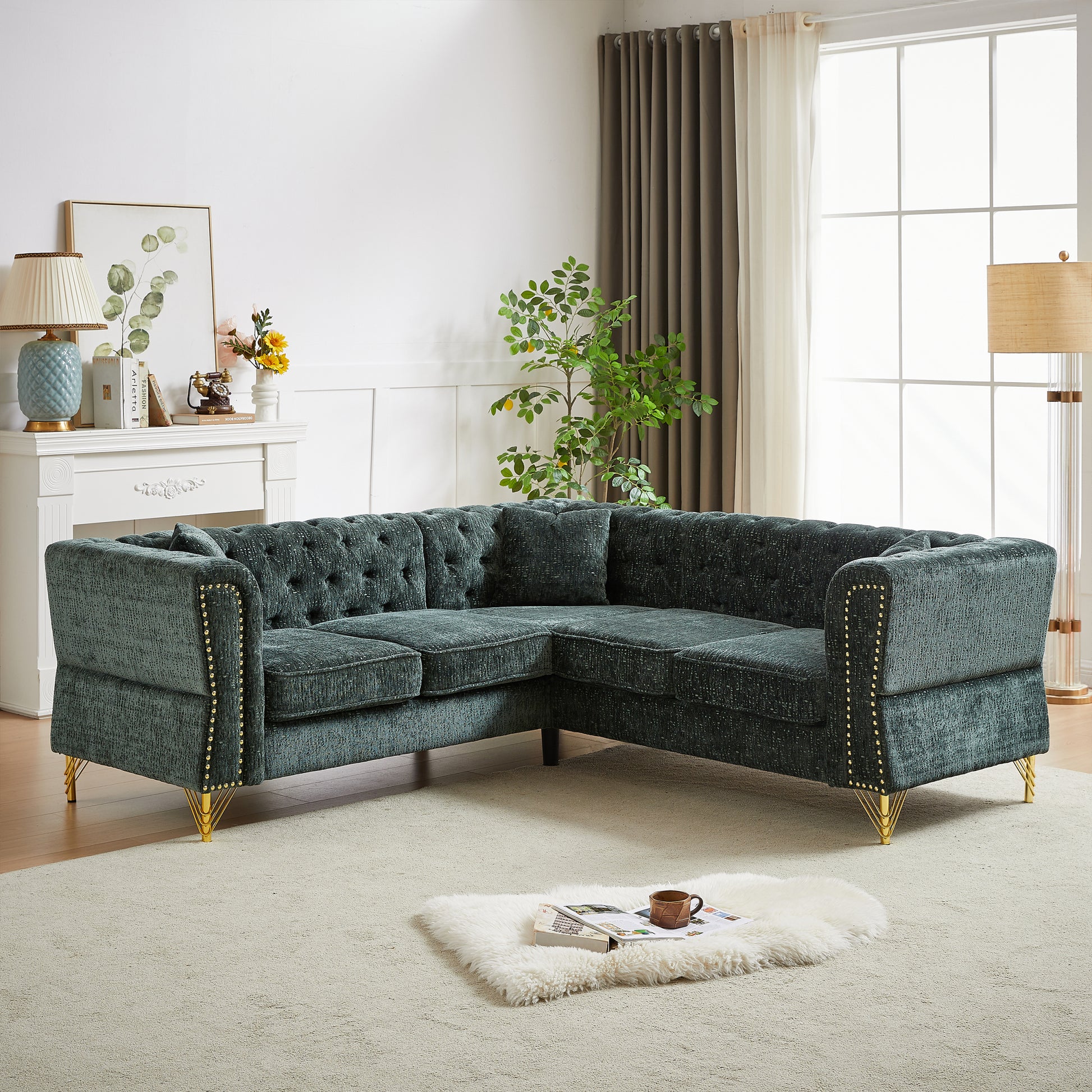81.5 Inch Chenille Corner Sofal Shaped Sectional Couch, 5 Seater Corner Sofas With 3 Cushions For Living Room, Bedroom, Apartment, Office Green Foam Chenille 5 Seat