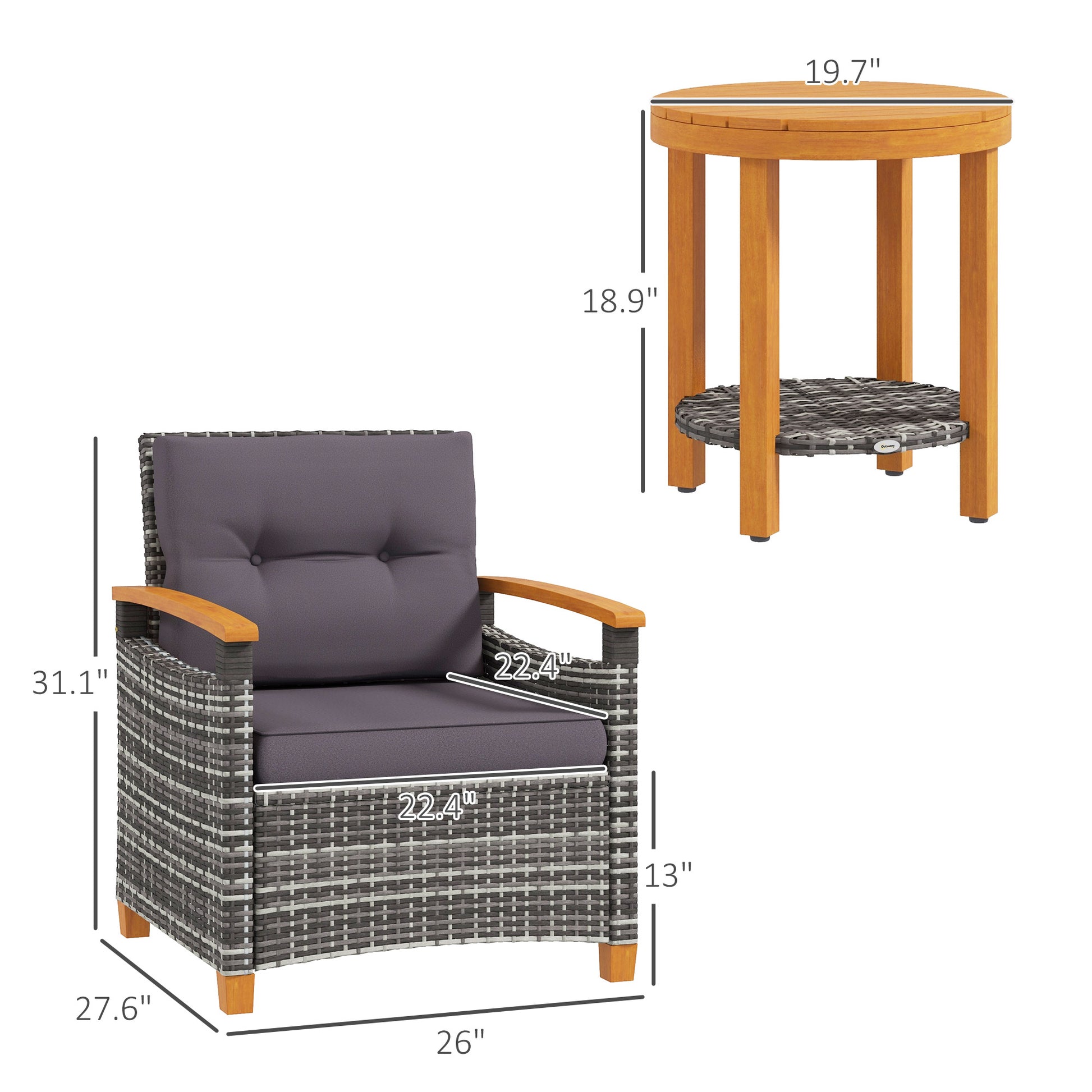 Outsunny 3 Pieces Patio Bistro Set Wooden With Cushions, Pe Wicker Patio Furniture Outdoor For Porch, Backyard, Garden, Gray Gray Rattan Metal