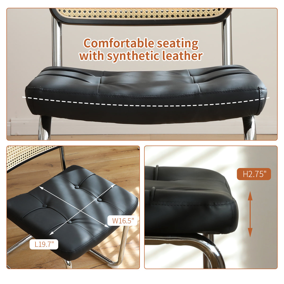 Dining Chairs Set Of 2, Fauex Leather Rattan Side Accent Chairs With Chrome Legs, Modern Mid Century Breuer Designed Chairs, Upholstered Dining Living Room Kitchen Chairs Black 2Pcs Black Faux