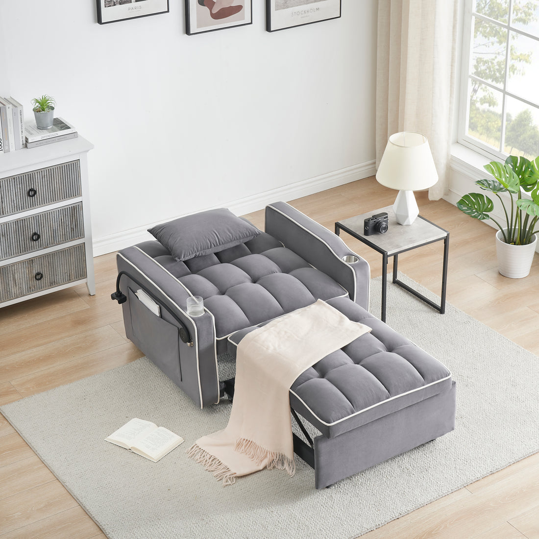 1 Versatile Foldable Sofa Bed In 3 Lengths, Modern Sofa Sofa Sofa Velvet Pull Out Bed, Adjustable Back And With Usb Port And Ashtray And Swivel Phone Stand Dark Grey Dark Gray Light Brown Velvet Wood Primary Living Space Cushion Back Light Duty