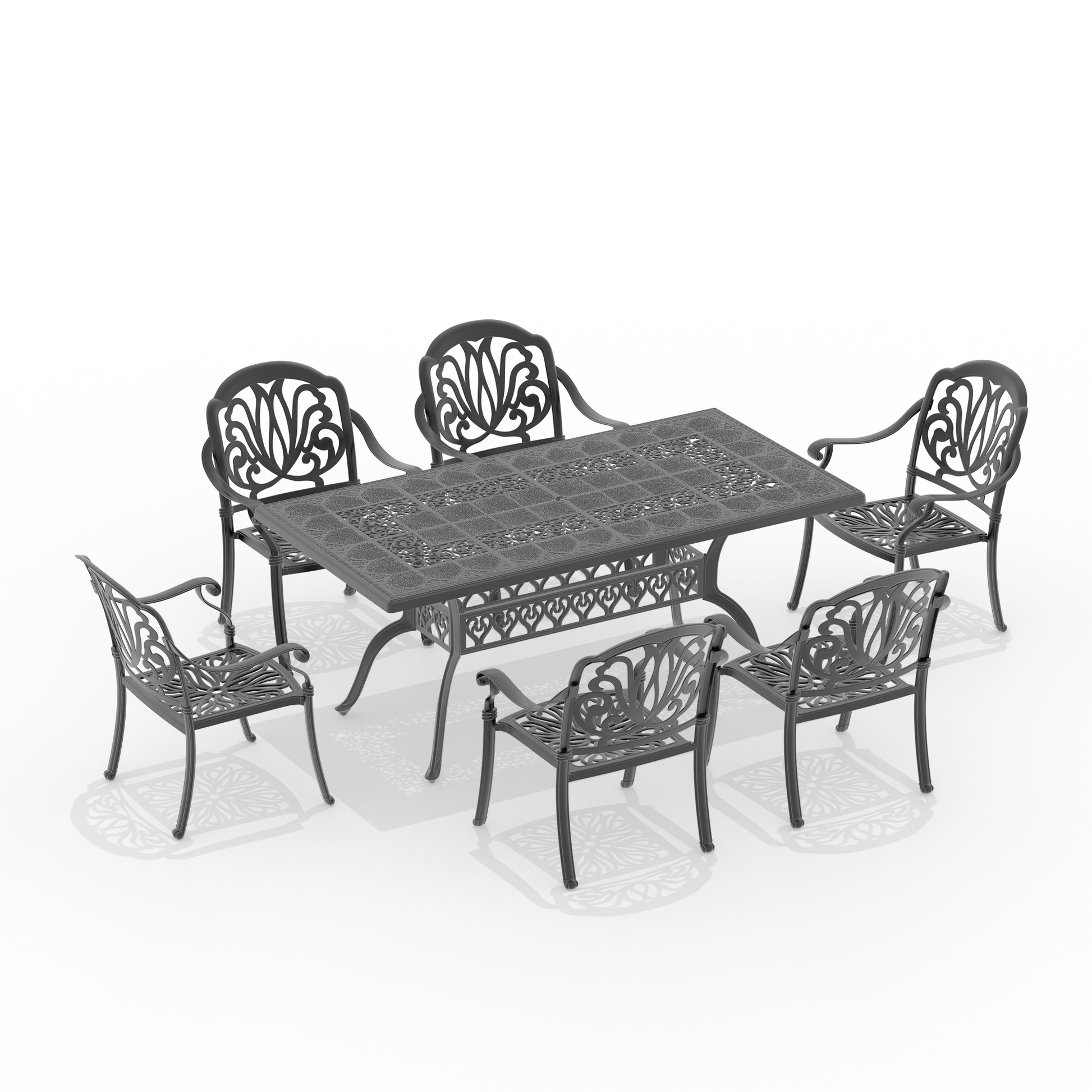 Cushions In Random Colors 7 Piece Set Of Cast Aluminum Patio Furniture With Cushions Yes Dining Set Black Seats 6 Rust Resistant Frame Water Resistant Cushion Garden & Outdoor Complete Patio Sets