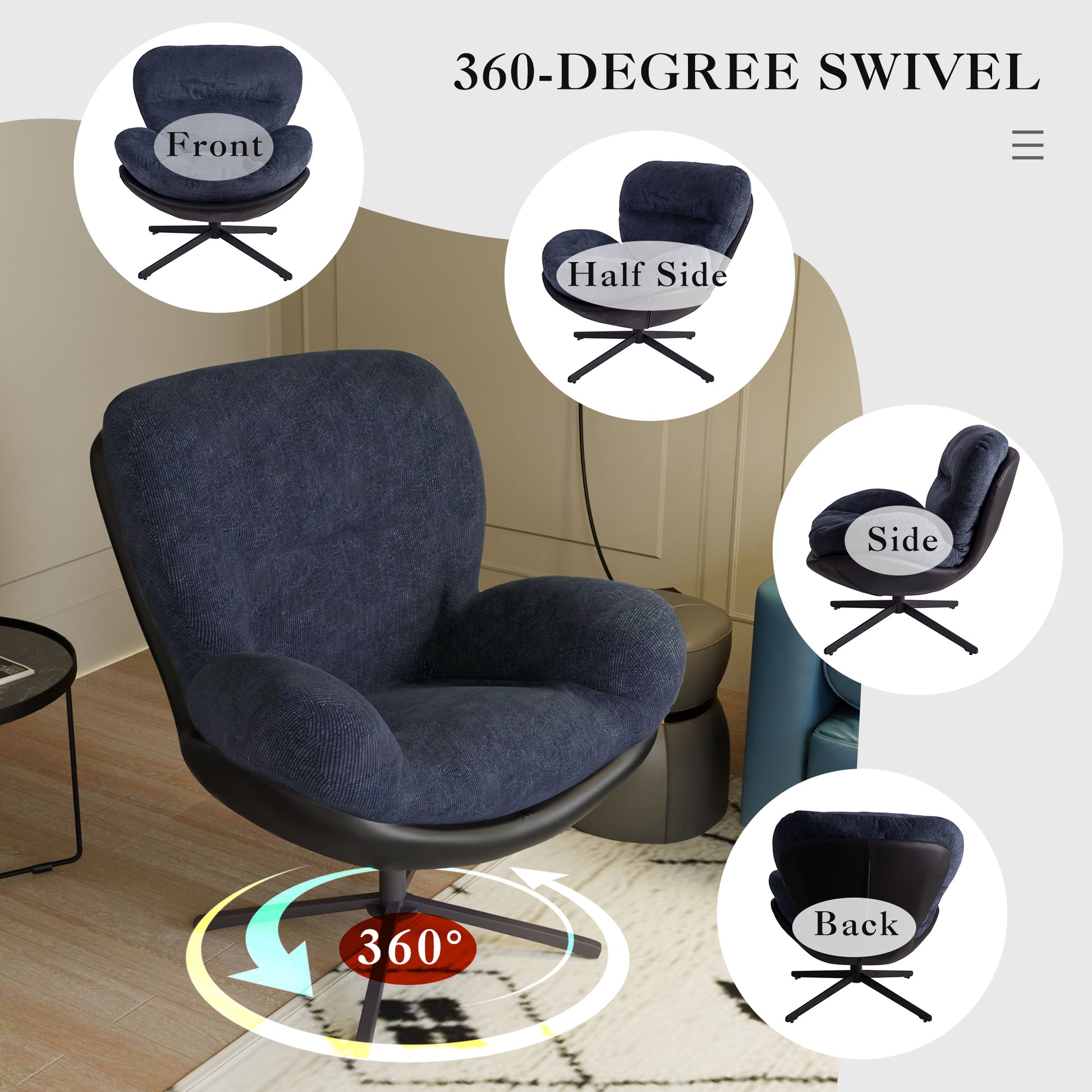 360 Swivel Accent Chair, Modern Chenille Lounge Chair With Faux Leather And Black Metal Base Frame, Comfortable Reading Chair For Small Spaces, Living Room, Bedroom, Reading Corner, Office, Navy Blue Black,Navy Blue Brown Primary Living Space American
