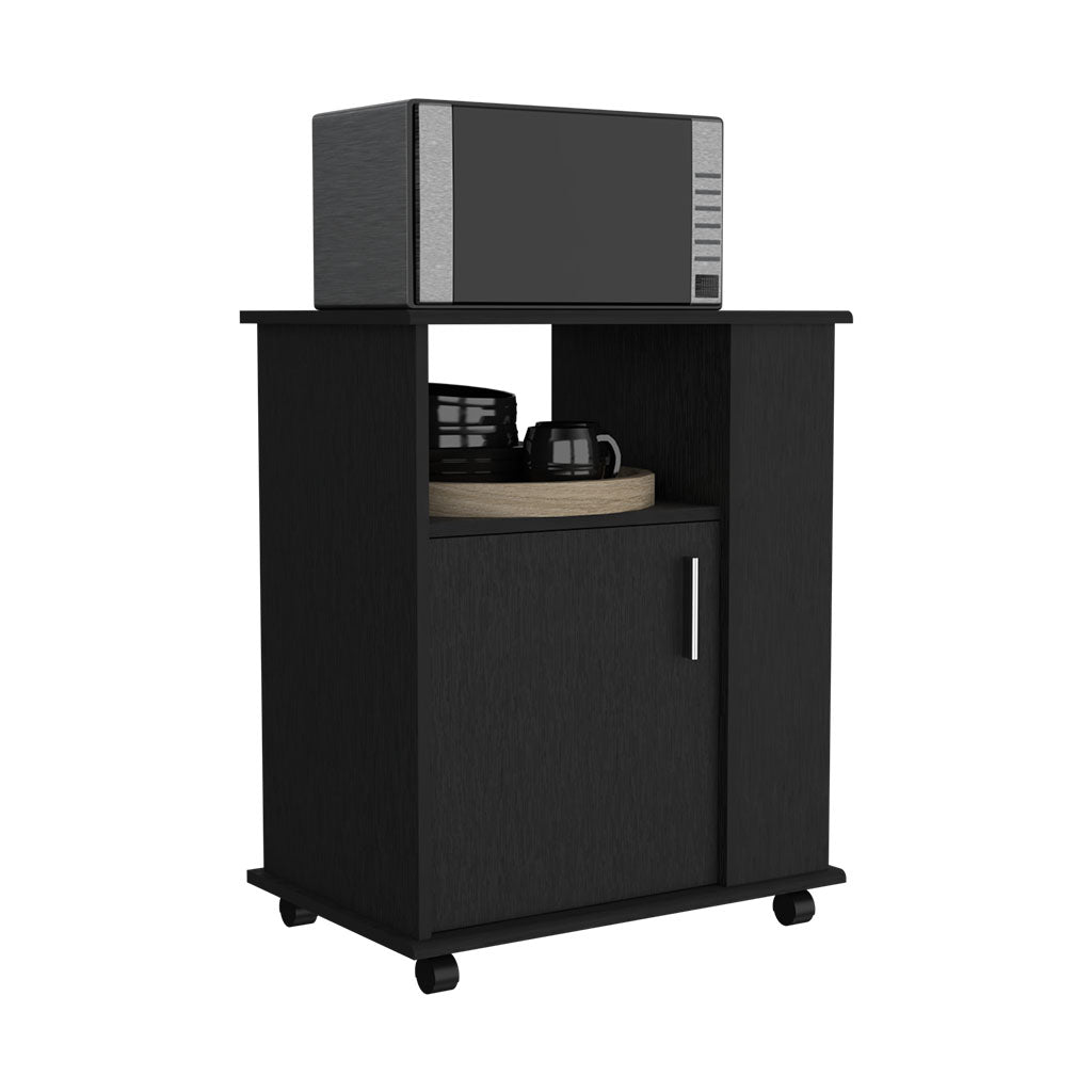 Lower Microwave Pantry 29" H, Single Door Cabinet, One Open Shelf, Three Side Shelves, Black Black Particle Board Particle Board