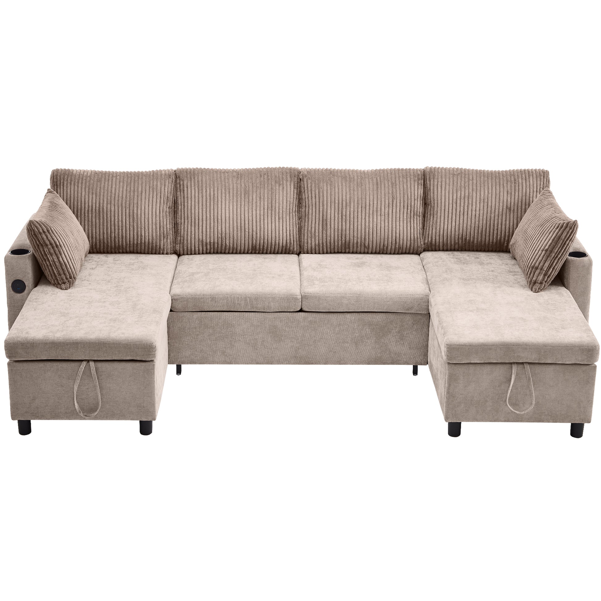 111.8" Sectional Sofa Pull Out Sofa Bed Versatile Sofa Sleeper With Large Storage Space, Two Usb Ports And Two Cup Holders For Living Room, Brown Brown Foam Chenille 4 Seat