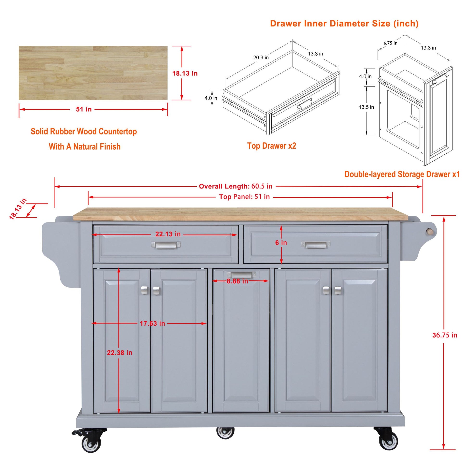 Kitchen Island With Rubber Wood Countertop, Kitchen Cart On 5 Wheels With Storage Cabinet And 2 Top Drawers And A Center Double Layered Storage Drawer For Dinning Room, Grey Grey Dining Room Rectangular Rubberwood Solid Wood Mdf Large 56 In