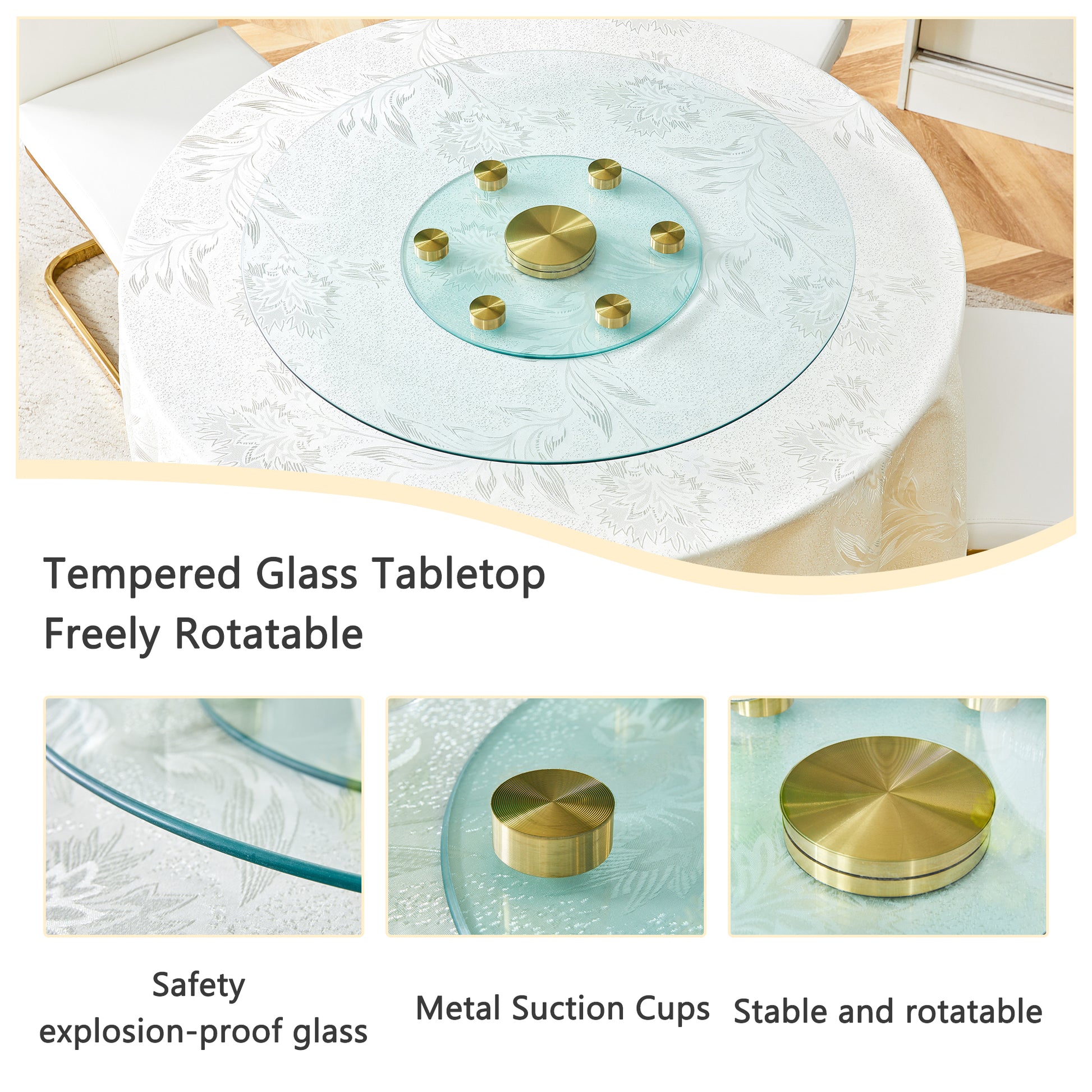Double Layer Rotatable Round Glass.The Rotatable Design Makes It More Convenient To Retrieve And Place Items.The Upper Glass Has A Diameter Of 30.3 Inches, While The Lower Glass15 Inches.
