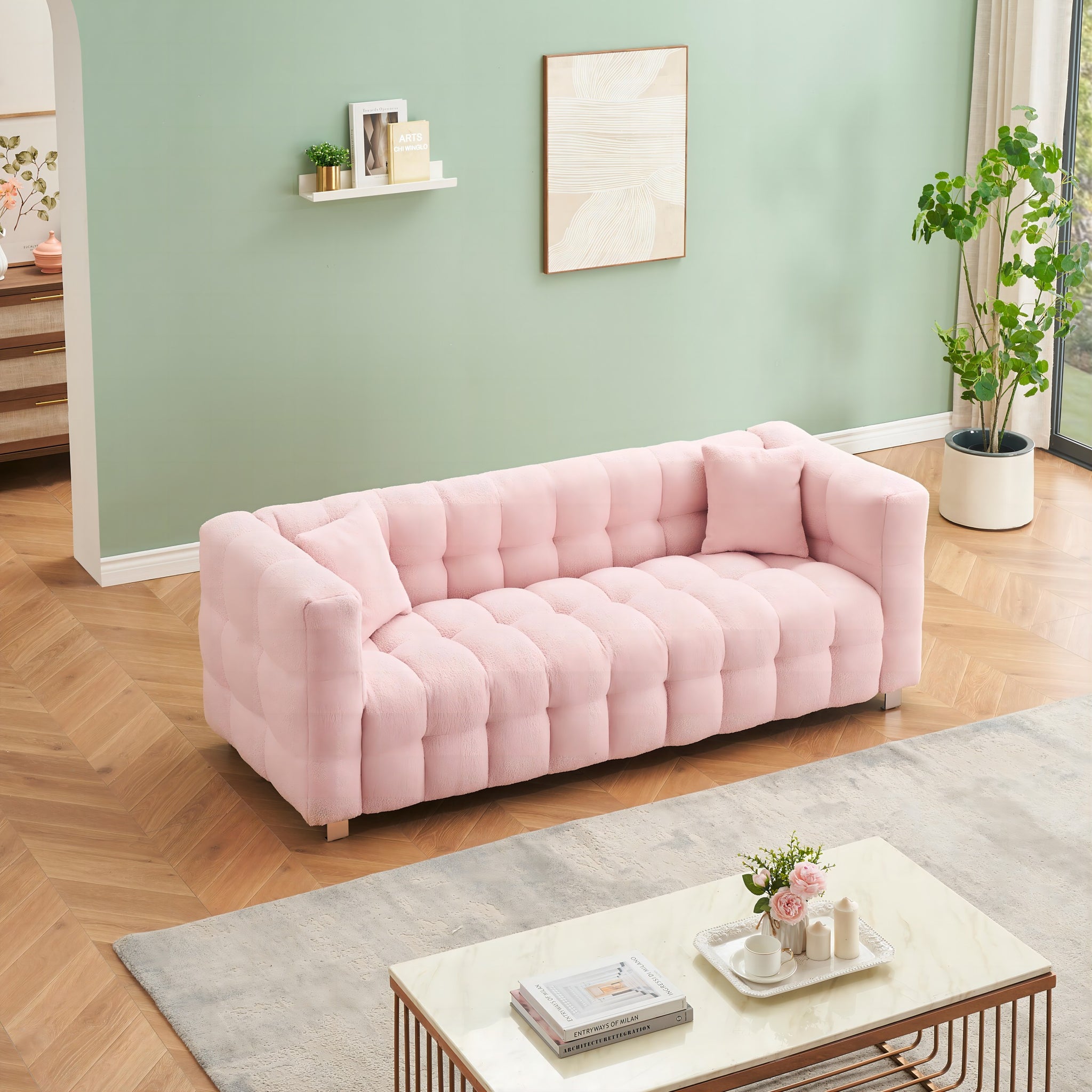 Pink Teddy Fleecesofa 80 Inch Discharge In Living Room Bedroom With Two Throw Pillows Hardware Foot Support Pink Polyester Blend 3 Seat