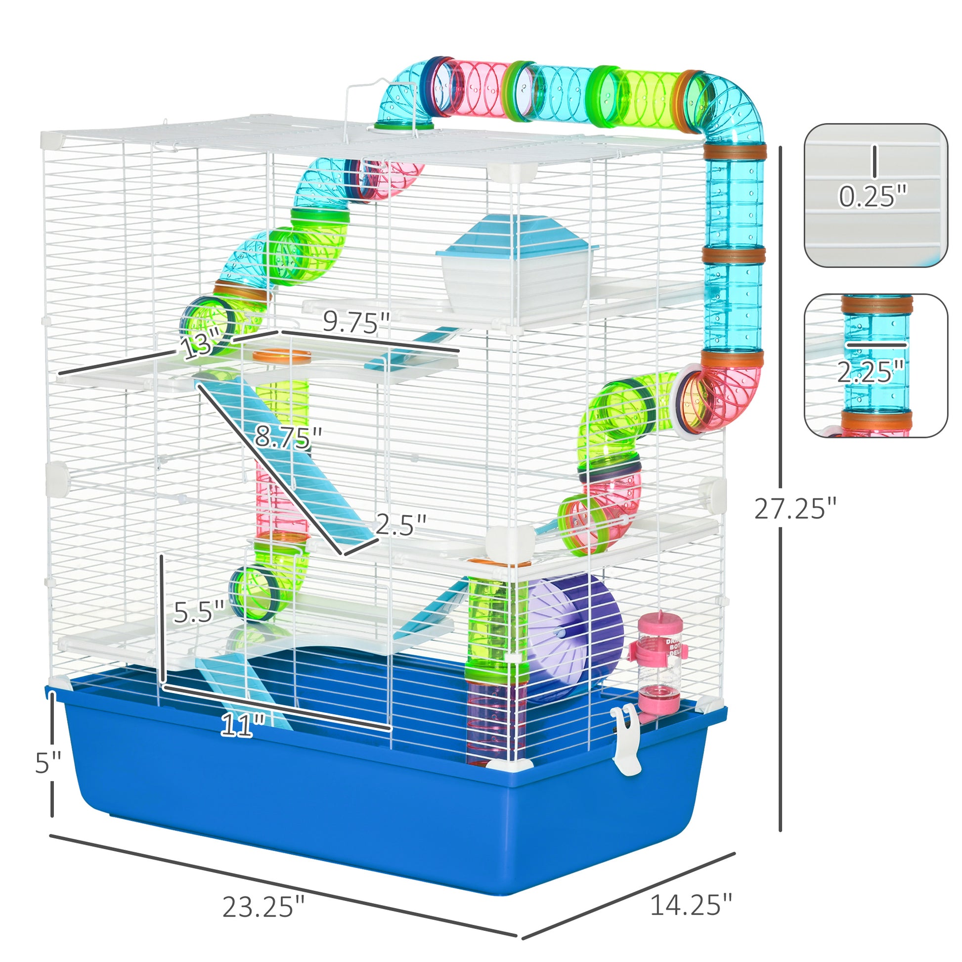 Pawhut Extra Large 23" Hamster Cage With Tubes And Tunnels, Portable Carry Handles, Rat House And Habitats Big 5 Tier Design, Includes Exercise Wheel, Water Bottle, Food Dish, Blue Blue Steel