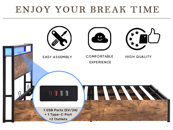 Lift Up Storage Bed Frame, Full Size Bed Frame With Bookcase Headboard & Led Lights, Wooden Platform Bed Frame With Charging Station, No Spring Box Needed, Rustic Brown Box Spring Not Required Full Rustic Brown Metal Brown Bedroom Industrial Bed Frame