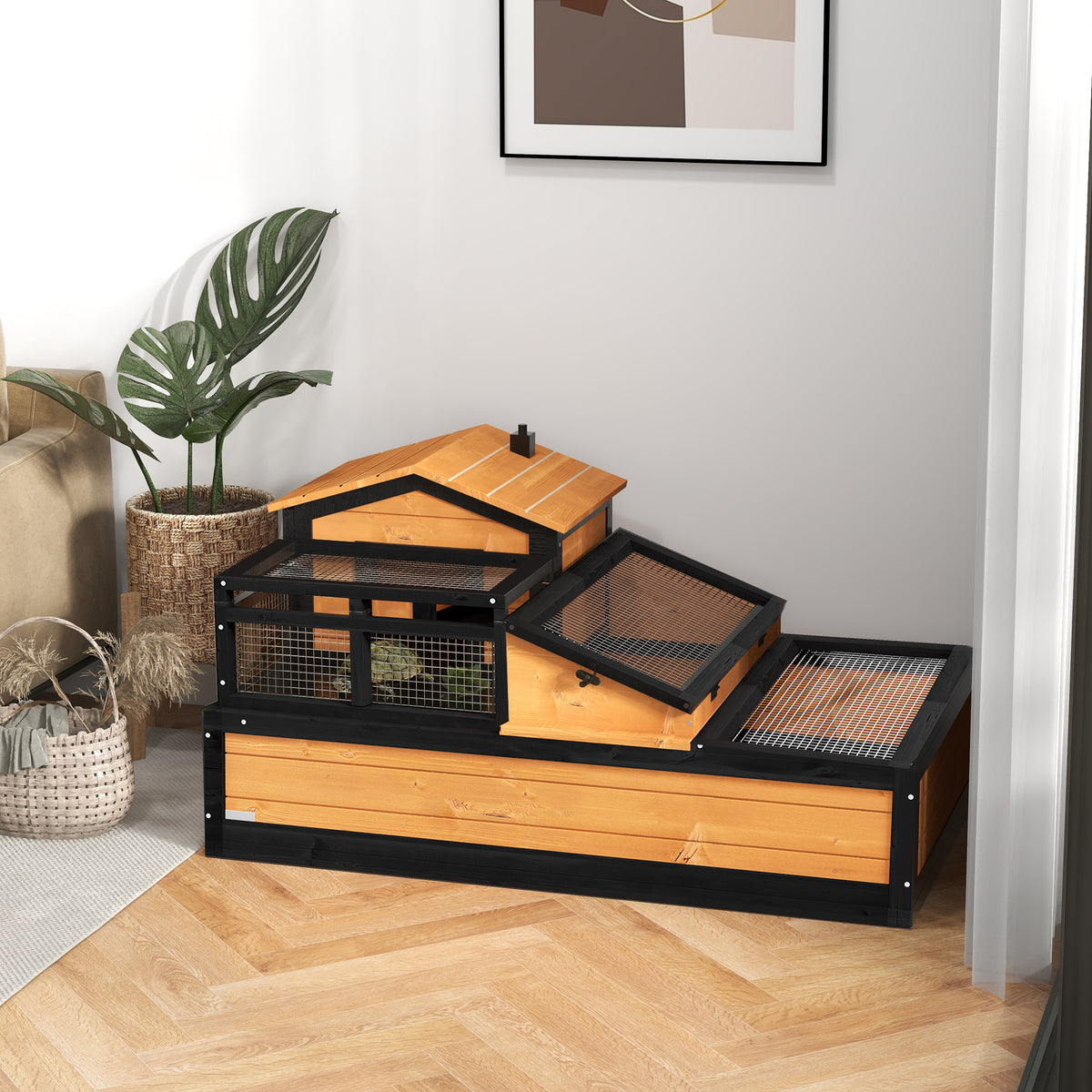 Indoor Tortoise Enclosure PawHut 3- Room Tortoise House Habitat With ...