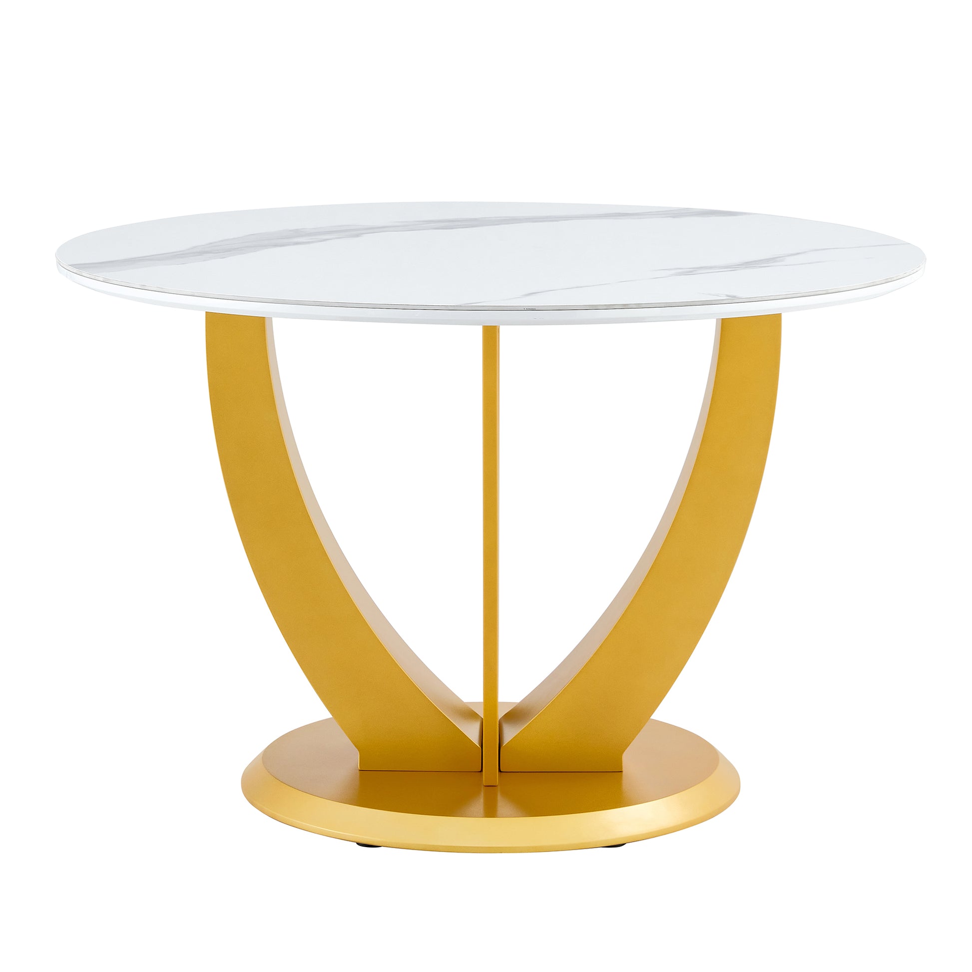 A Modern Minimalist Round White Patterned Table Top Measuring 48 Inches In Diameter With Gold Mdf Legs. Suitable For Dining And Living Rooms. Gold White Sintered Stone