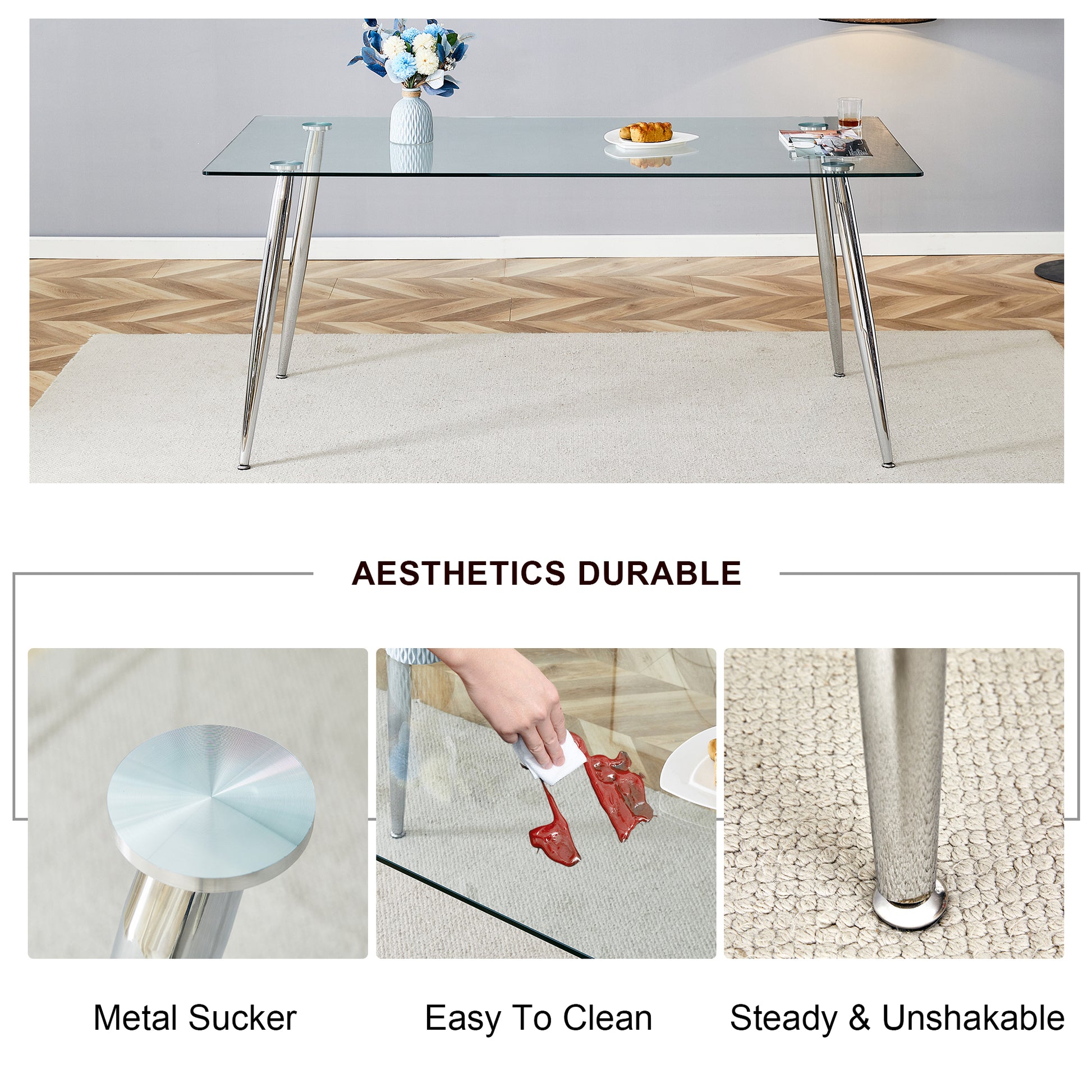 Table And Chair Set.Modern Rectangular Glass Dining Table With Tempered Glass Countertop And Silver Metal Legs, Paired With Multiple Transparent High Quality Pet Dining Chairs With Silver Legs. Silver Seats 6 Tempered Glass