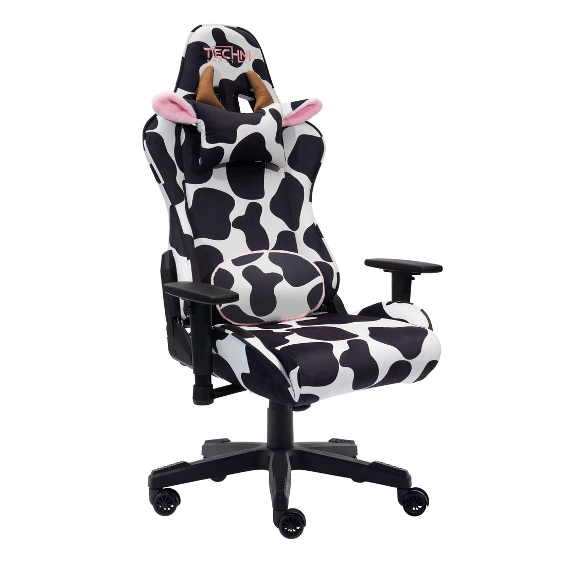 Ts85 Cow Print Luxx Series Gaming Chair Caster Nylon Black White Office Spot Clean Rectangular Modern Handle Office Chairs Solid Back Fabric Metal