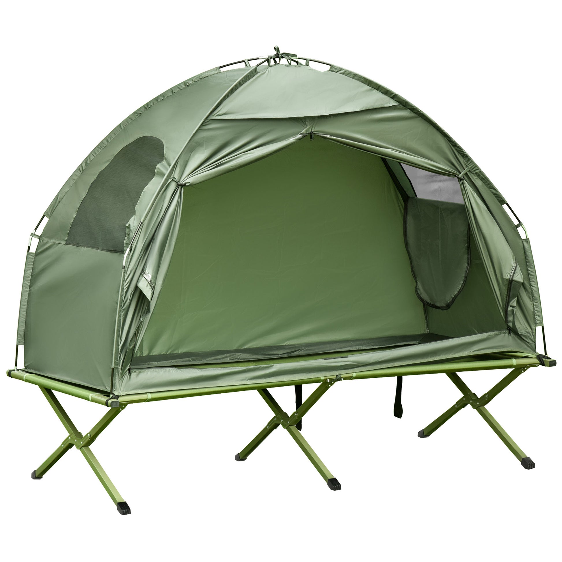 Outsunny Camping Tent Cot, Single Person Folding Cot Combo, Off Ground Tent, Covered Outdoor Bed With Carry Bag For Hiking, Camping Green Polyester