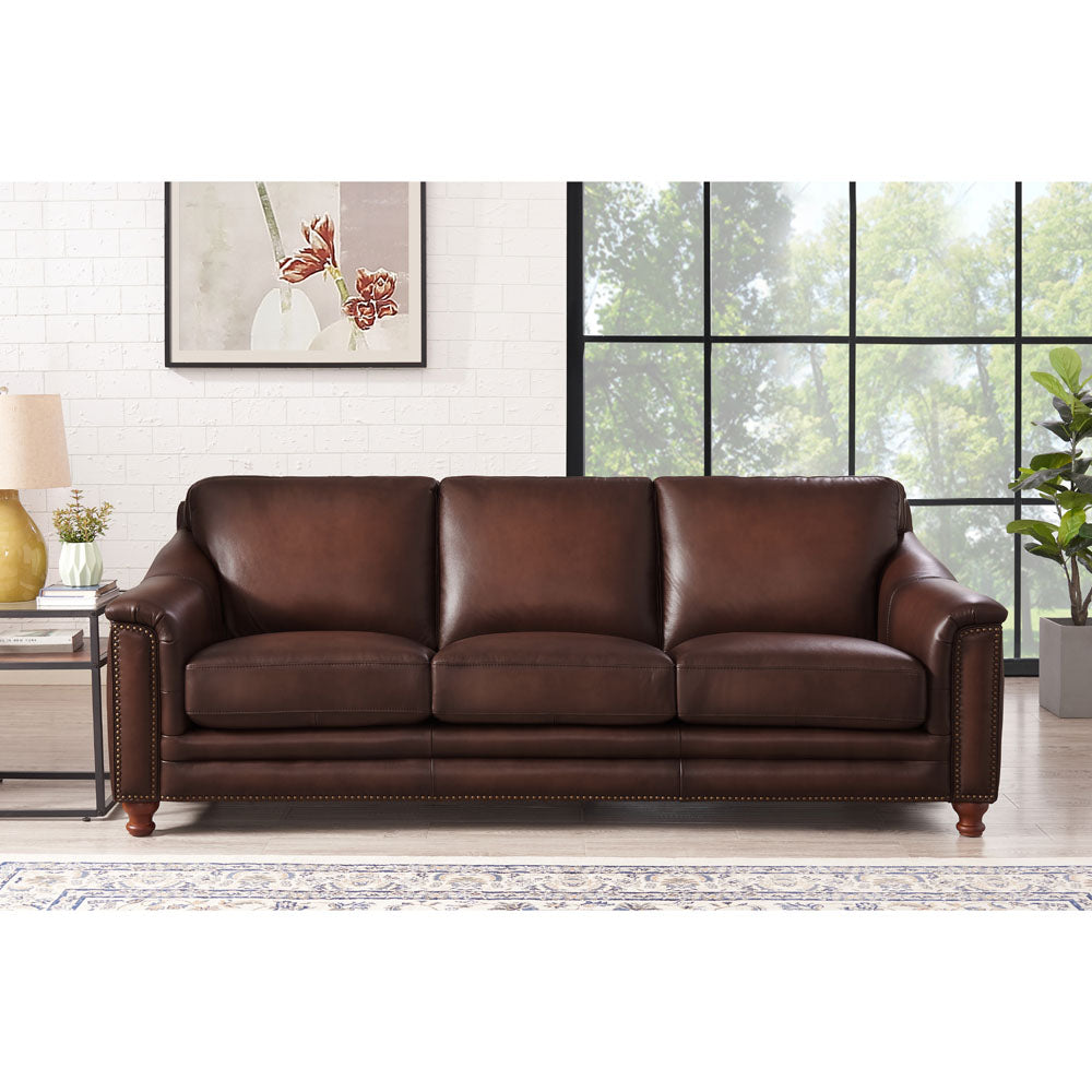 Belfast Top Grain Leather Sofa Couch Brown Genuine Leather Wood Primary Living Space Medium Firm Cushion Back Mid Century Modern Eucalyptus Square Arms Down Filling Leather 3 Seat