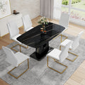 Table And Chair Set, Minimalist Dining Table, Imitation Marble Patterned Glass Tabletop, Mdf Legs With U Shaped Brackets. Paired With Comfortable Chairs, Suitable For Dining And Living Rooms. Black Gold Mdf Glass