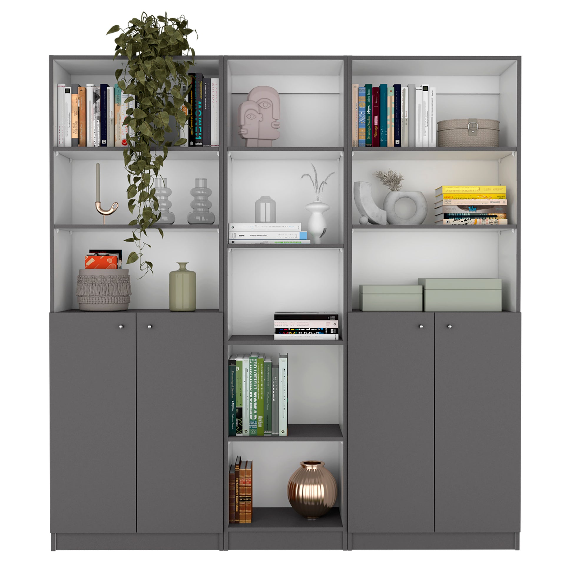 Acres 3 Piece Home Bookcase Set, 67" Wide With 11 Shelves And Two Double Door Cabinetliving Room Set Matt Gray White Freestanding 5 Or More Shelves Multicolor,White Gray Office Open Storage Space Modern Particle Board