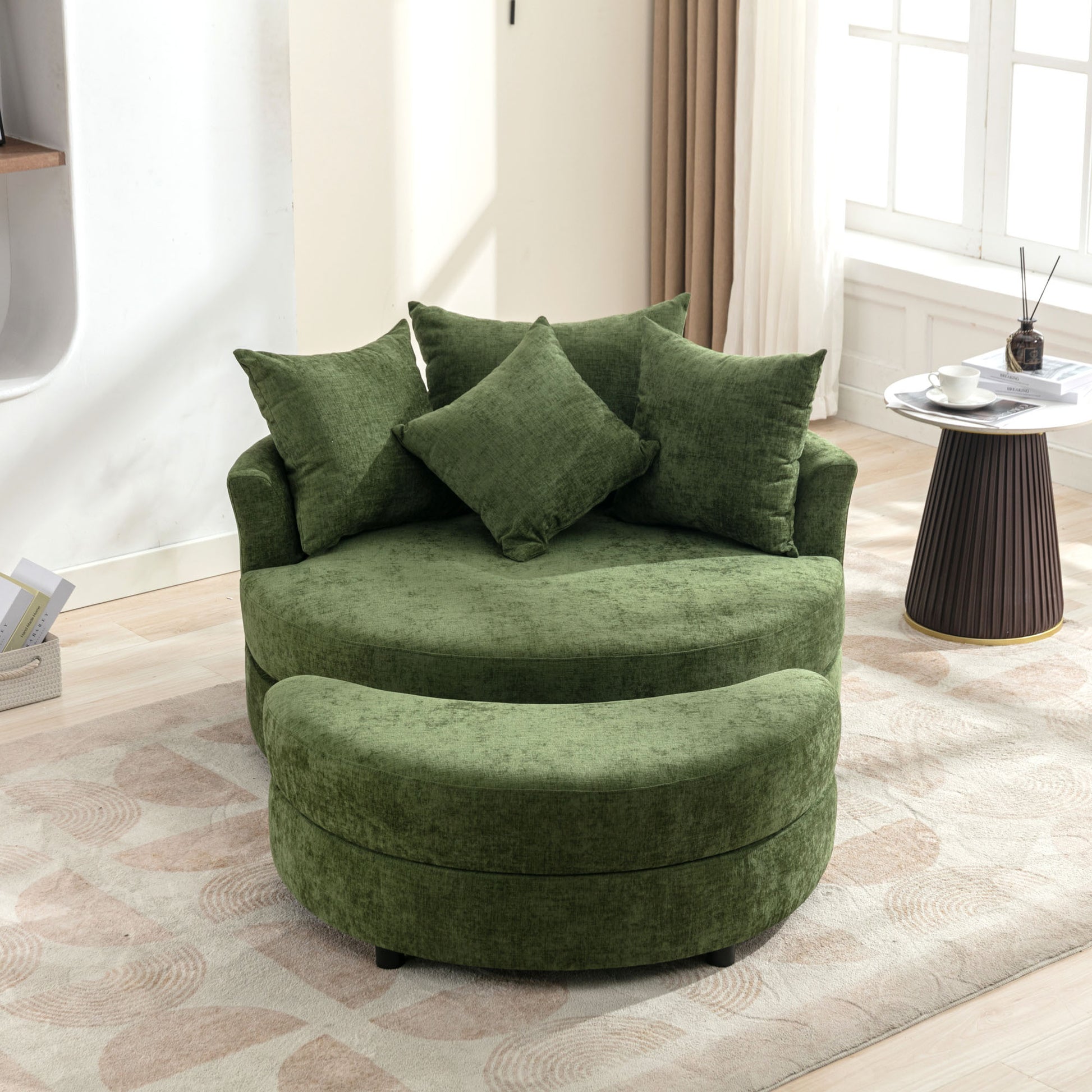 Orisfur. 360 Swivel Accent Barrel Chair With Storage Ottoman & 4 Pillows, Modern Chenille Leisure Chair Round Accent For Living Room, Green Green Foam Chenille