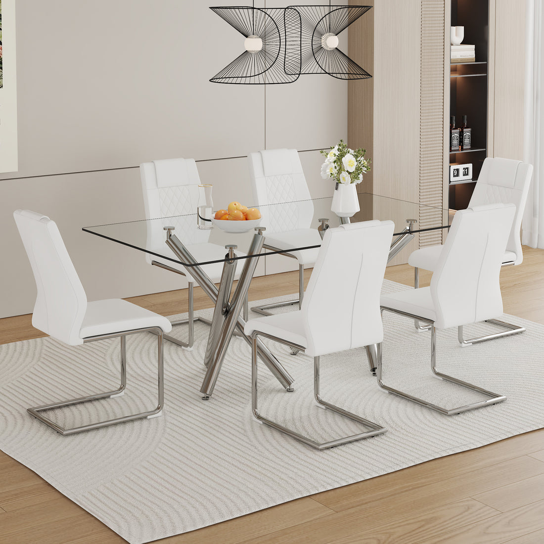 Table And Chair Set.Large Minimalist Rectangular Glass Dining Table For 6 8 With 0.39" Tempered Glass Tabletop And Silver Chrome Metal Legs.Paried With Comfortable Chairs With Pu Seats And Metal Legs. Silver Seats 6 Glass Metal