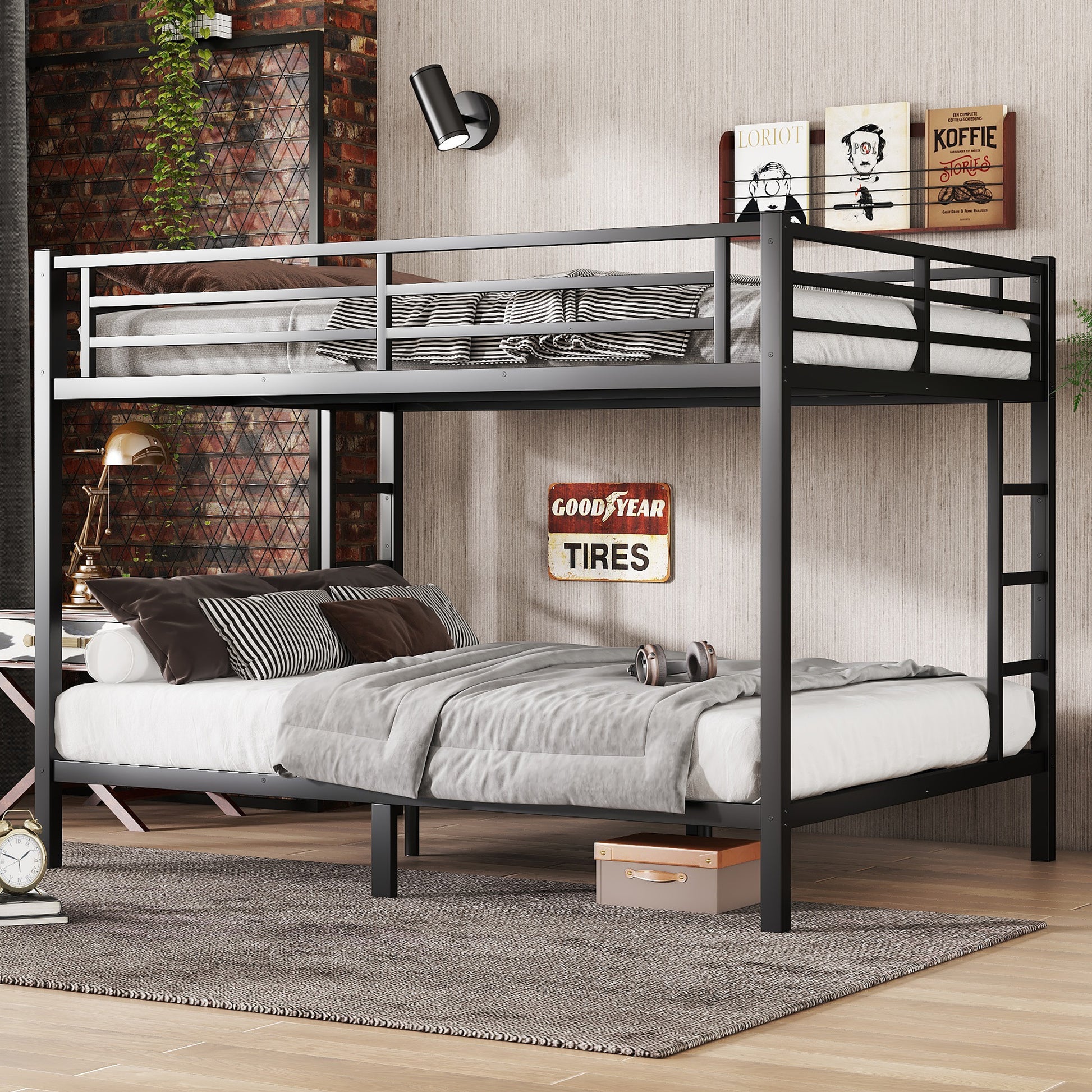 Metal Queen Over Queen Bunk Bed For Teens And Adults,Space Saving Noise Reduced No Box Spring Needed, Black Box Spring Not Required Queen Black Metal