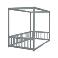 Twin Size Canopy Frame Floor Bed With Fence, Guardrails,Grey Twin Grey American Design Pine