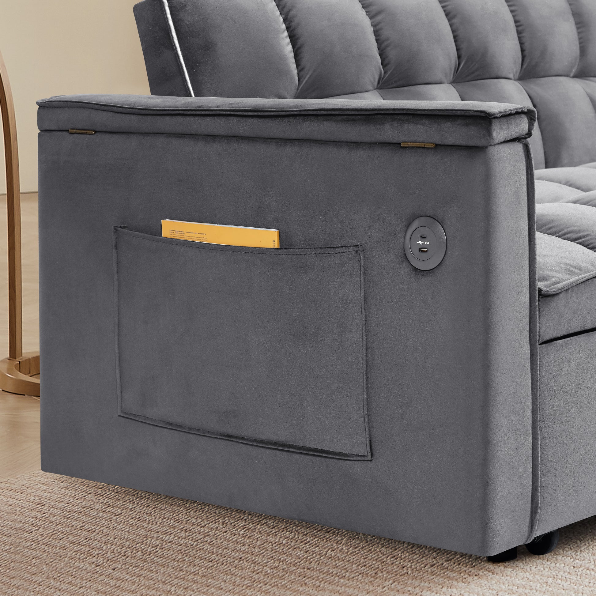 55.5 "3 In 1 Foldable Sofa Bed, Modern Velvet Double Sofa, Sofa Bed With Adjustable Back, Storage Bag And Pillow, Hidden Living Room Laptop Desk With Usb Port, Suitable For Living Room, Bedr Dark